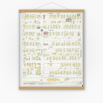 Old map wall art mockup — magnetic wood frame on white wall — Sanborn Fire Insurance Map from Adrian, Lenawee County, Michigan (1916), Sheet #0017