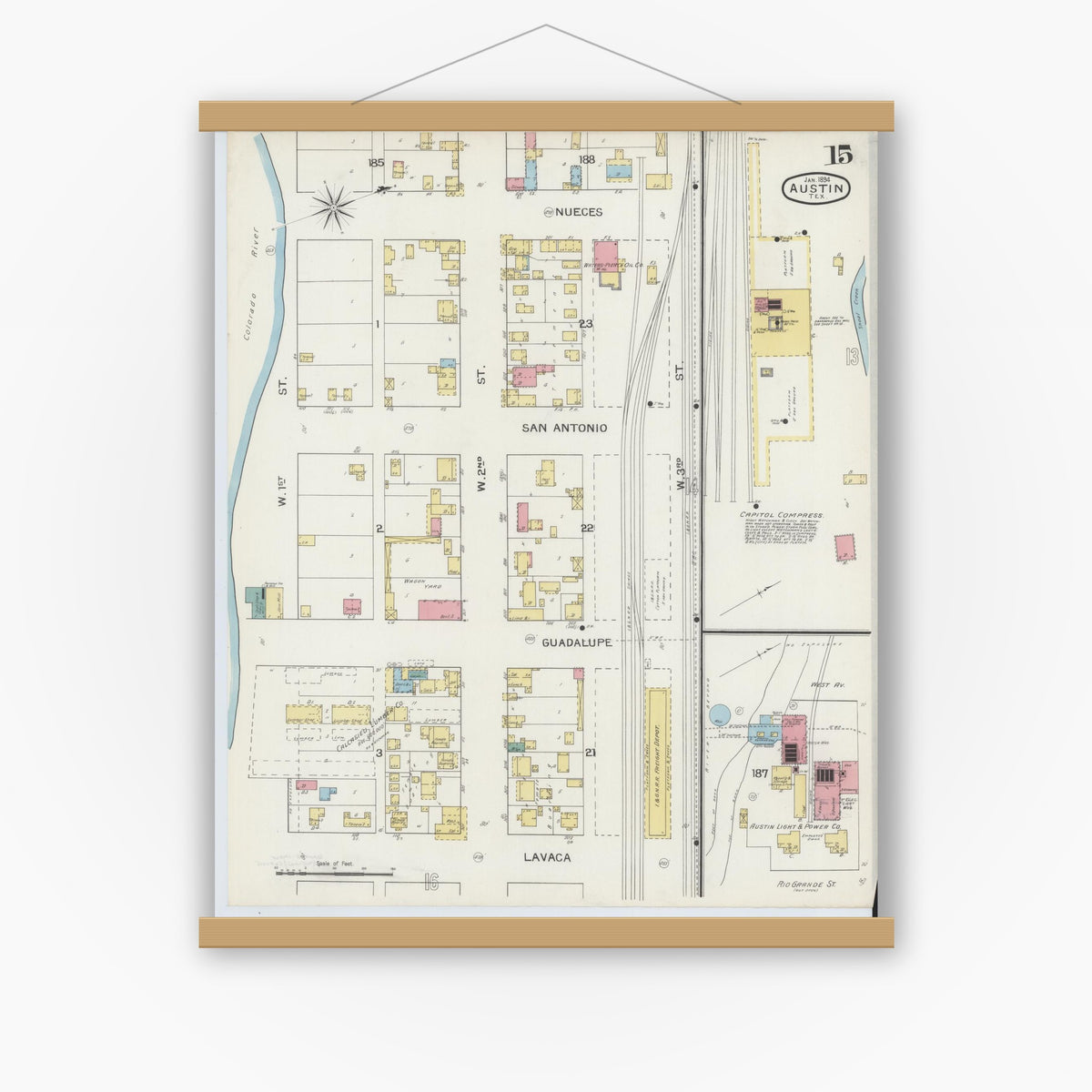 Old map wall art mockup — magnetic wood frame on white wall — Sanborn Fire Insurance Map from Austin, Travis County, Texas (1894), Sheet #0015