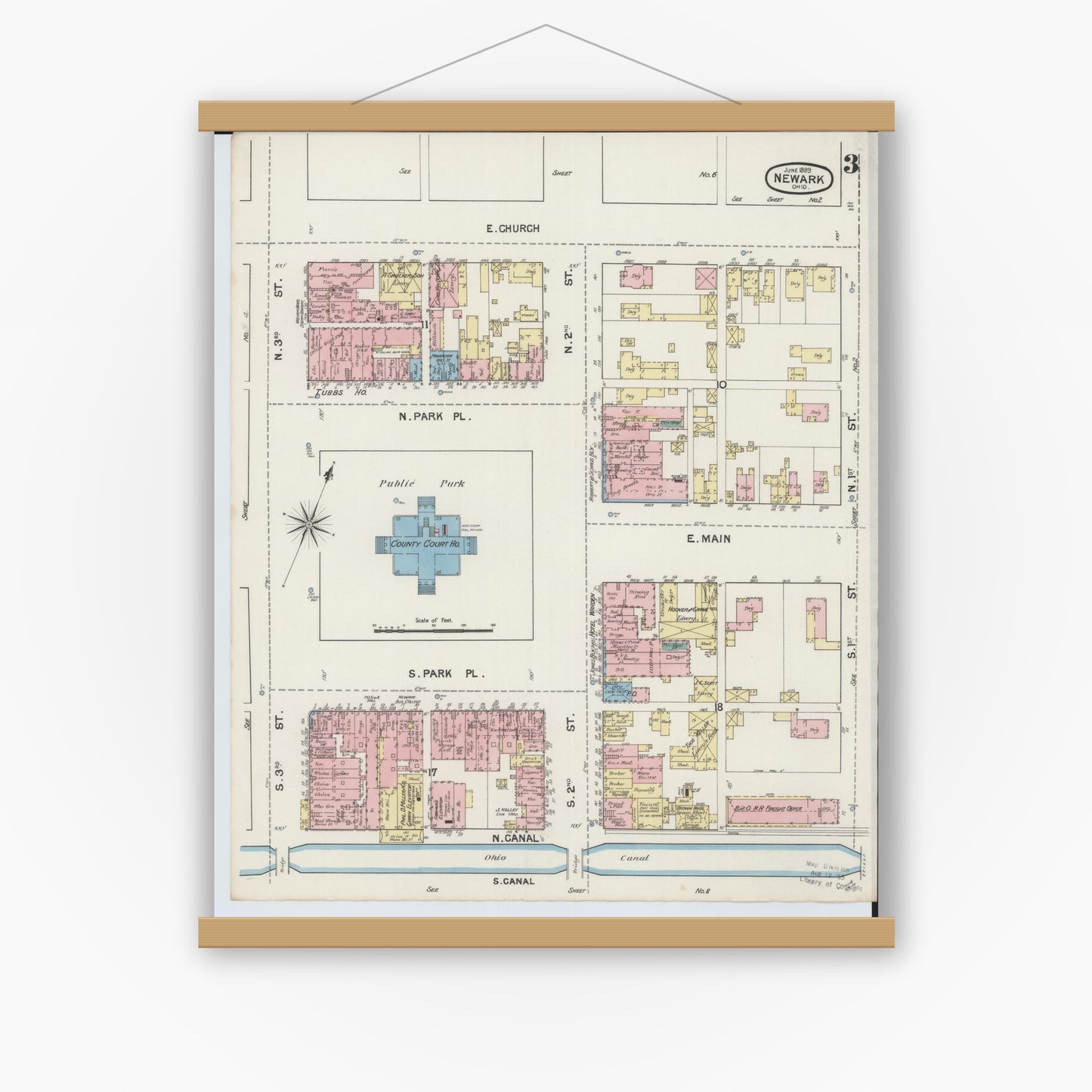 Old map wall art mockup — magnetic wood frame on white wall — Sanborn Fire Insurance Map from Newark, Licking County, Ohio (1889), Sheet #0003