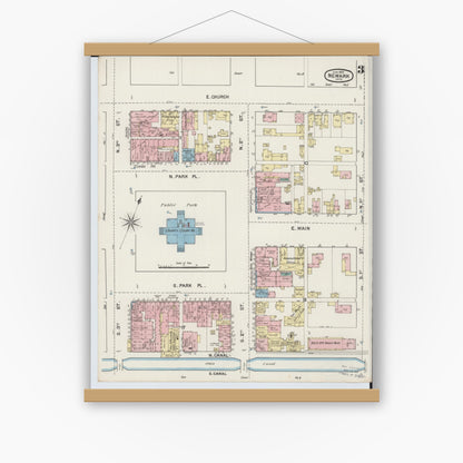 Old map wall art mockup — magnetic wood frame on white wall — Sanborn Fire Insurance Map from Newark, Licking County, Ohio (1889), Sheet #0003