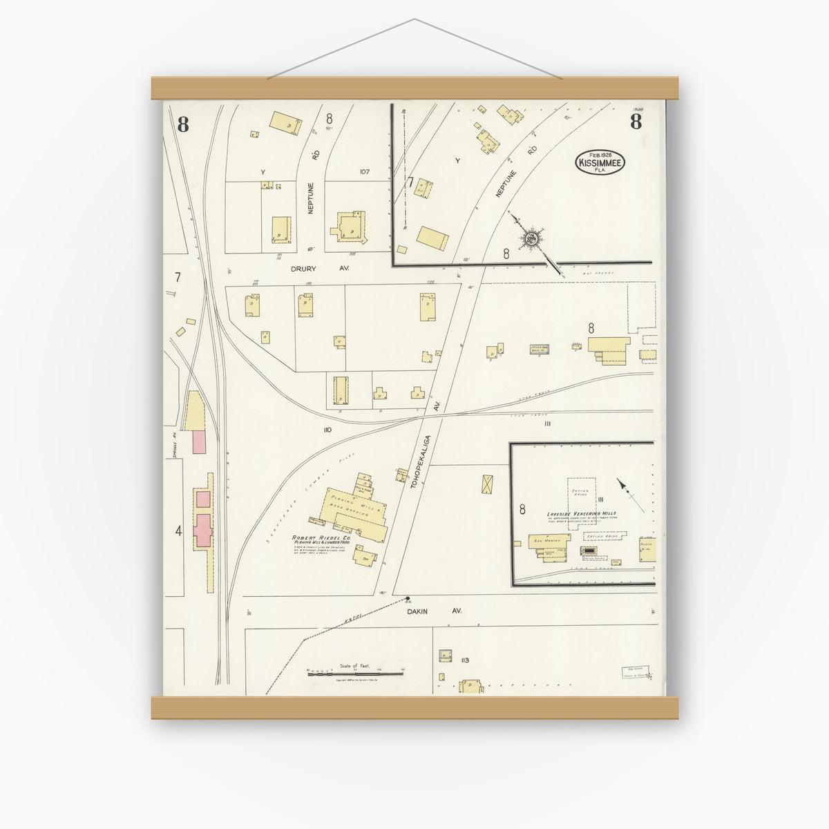 Old map wall art mockup — magnetic wood frame on white wall — Sanborn Fire Insurance Map from Kissimmee, Osceola County, Florida (1926), Sheet #0008