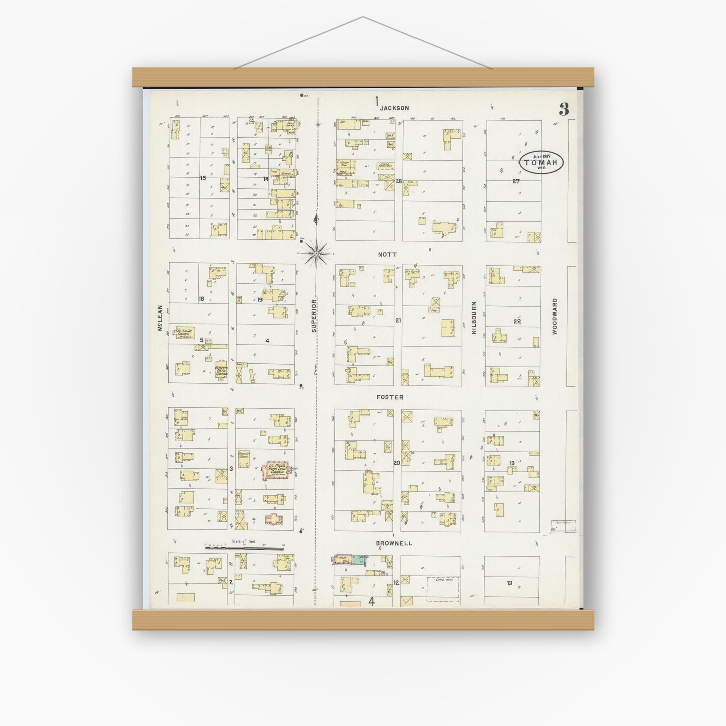 Old map wall art mockup — magnetic wood frame on white wall — Sanborn Fire Insurance Map from Tomah, Monroe County, Wisconsin (1897), Sheet #0003