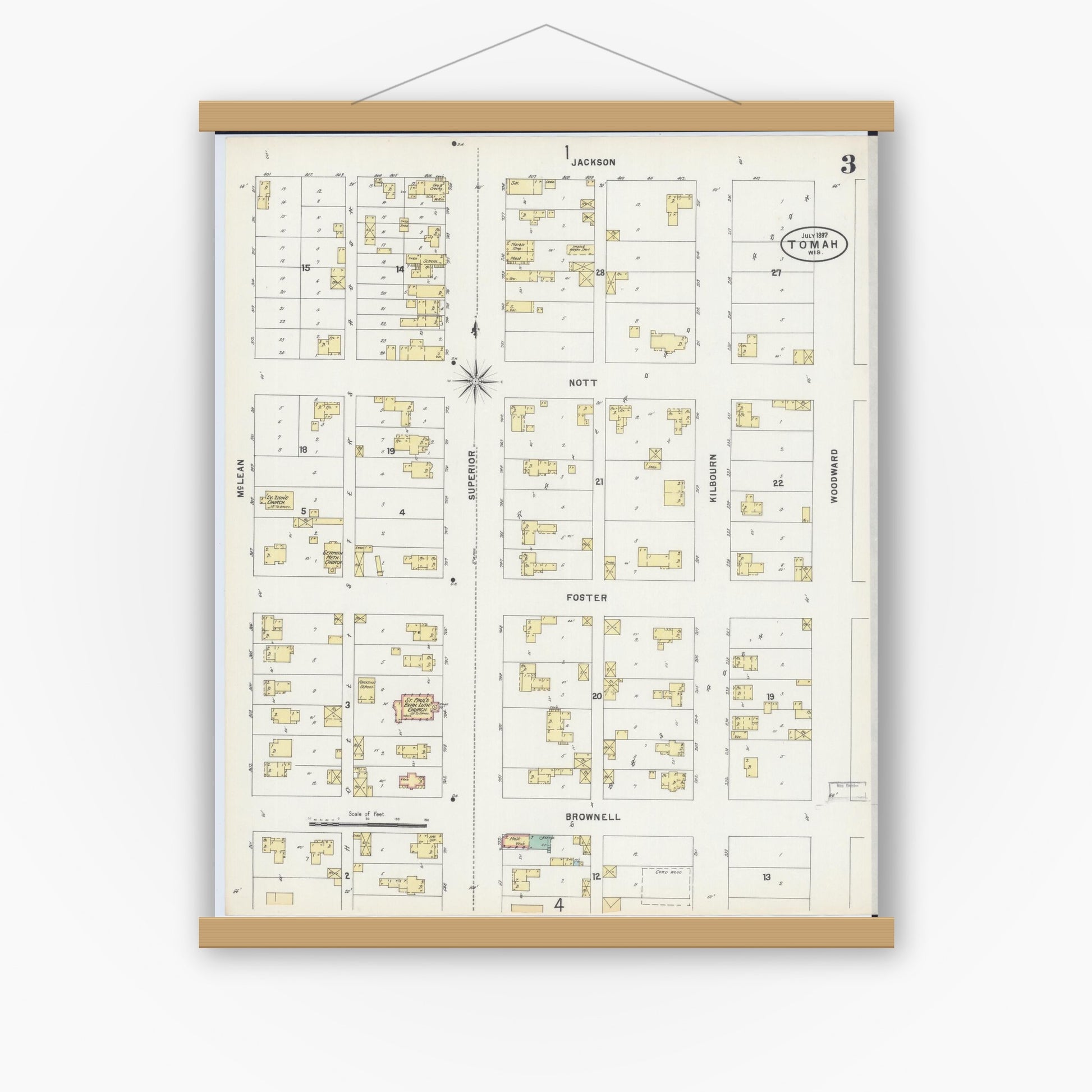 Old map wall art mockup — magnetic wood frame on white wall — Sanborn Fire Insurance Map from Tomah, Monroe County, Wisconsin (1897), Sheet #0003