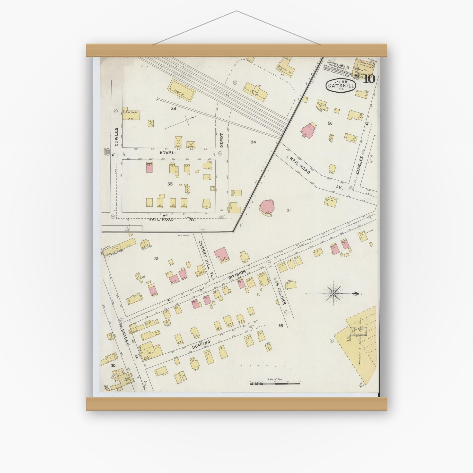 Old map wall art mockup — magnetic wood frame on white wall — Sanborn Fire Insurance Map from Catskill, Greene County, New York (1895), Sheet #0010