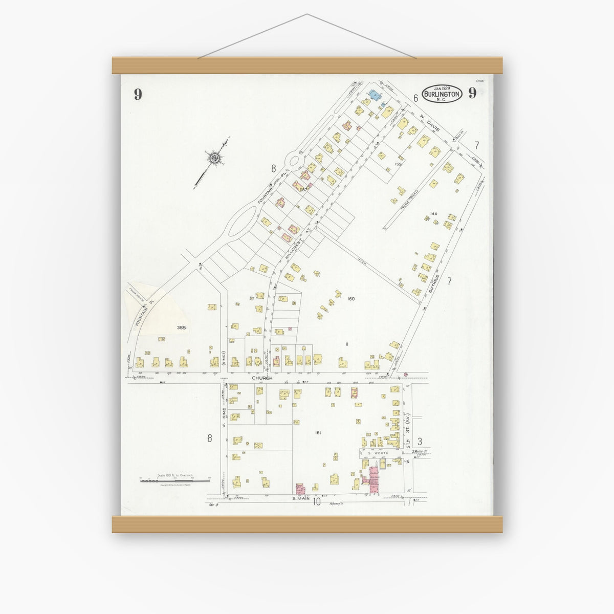 Old map wall art mockup — magnetic wood frame on white wall — Sanborn Fire Insurance Map from Burlington, Alamance County, North Carolina (1929), Sheet #0009