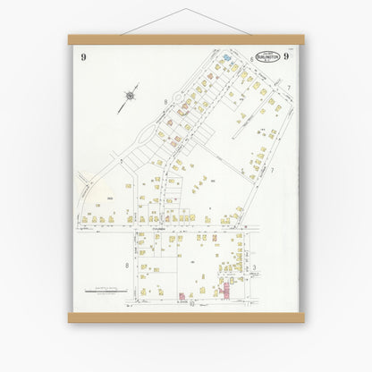 Old map wall art mockup — magnetic wood frame on white wall — Sanborn Fire Insurance Map from Burlington, Alamance County, North Carolina (1929), Sheet #0009