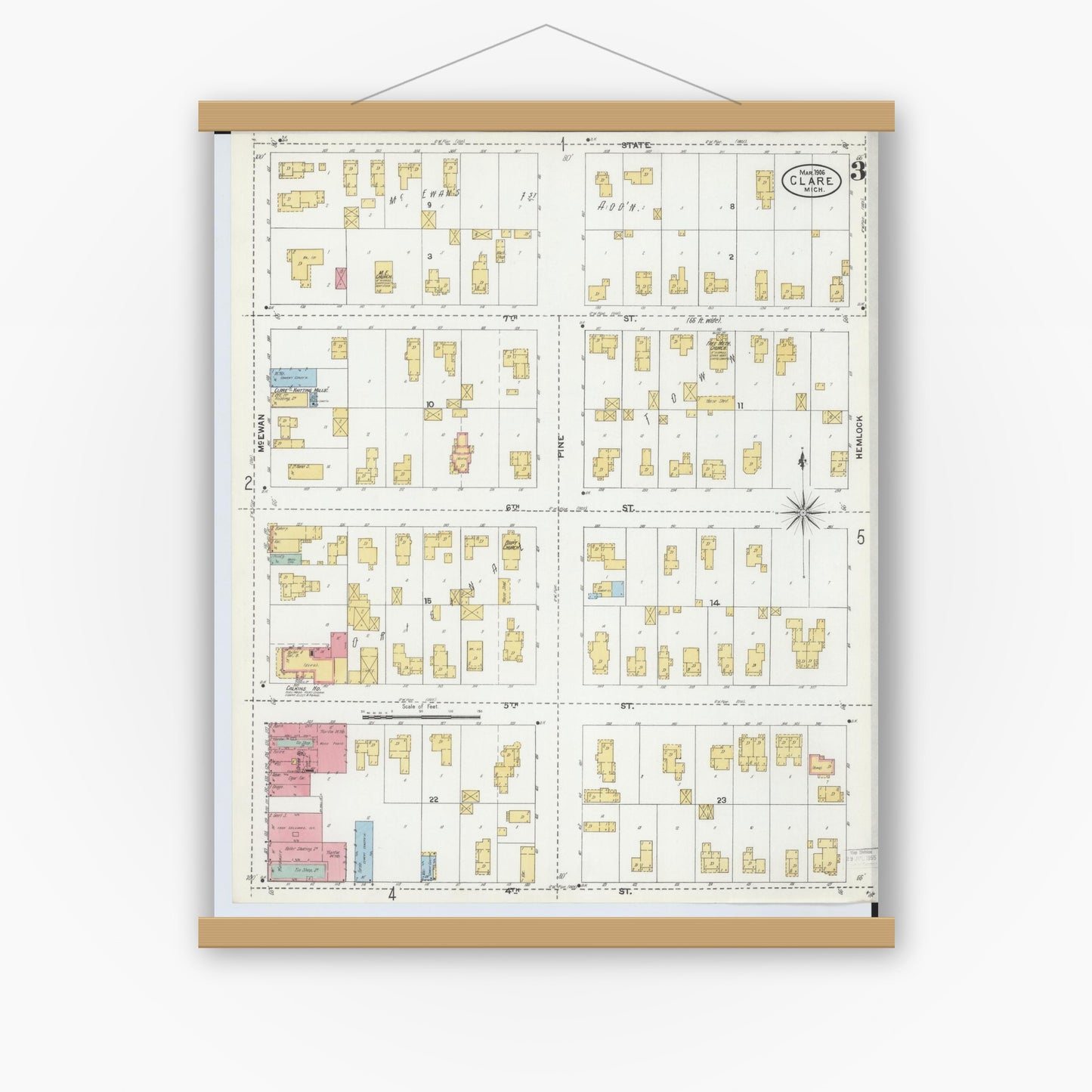 Old map wall art mockup — magnetic wood frame on white wall — Sanborn Fire Insurance Map from Clare, Clare County, Michigan (1906), Sheet #0003