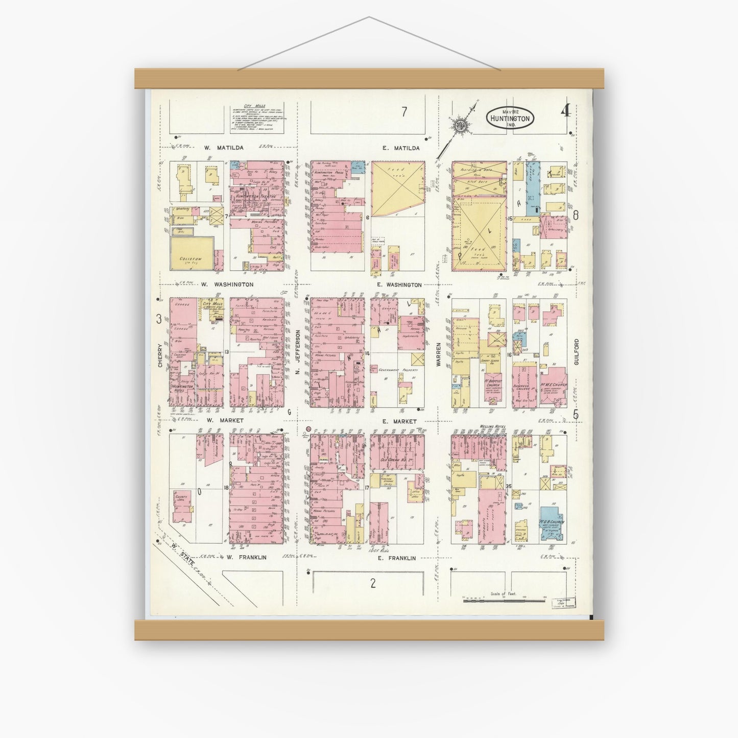 Old map wall art mockup — magnetic wood frame on white wall — Sanborn Fire Insurance Map from Huntington, Huntington County, Indiana (1912), Sheet #0004