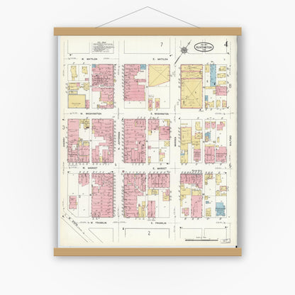 Old map wall art mockup — magnetic wood frame on white wall — Sanborn Fire Insurance Map from Huntington, Huntington County, Indiana (1912), Sheet #0004