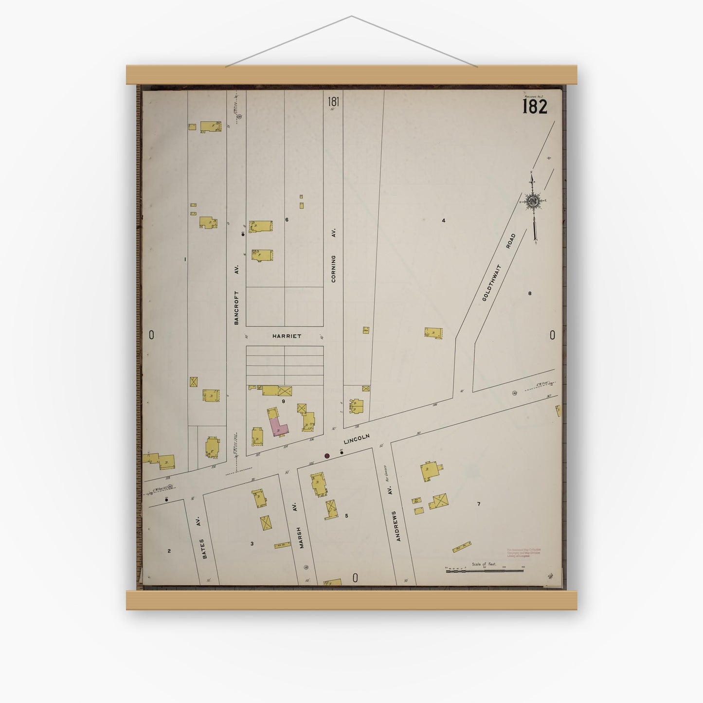 Old map wall art mockup — magnetic wood frame on white wall — Sanborn Fire Insurance Map from Worcester, Worcester County, Massachusetts (1910), Sheet #0182