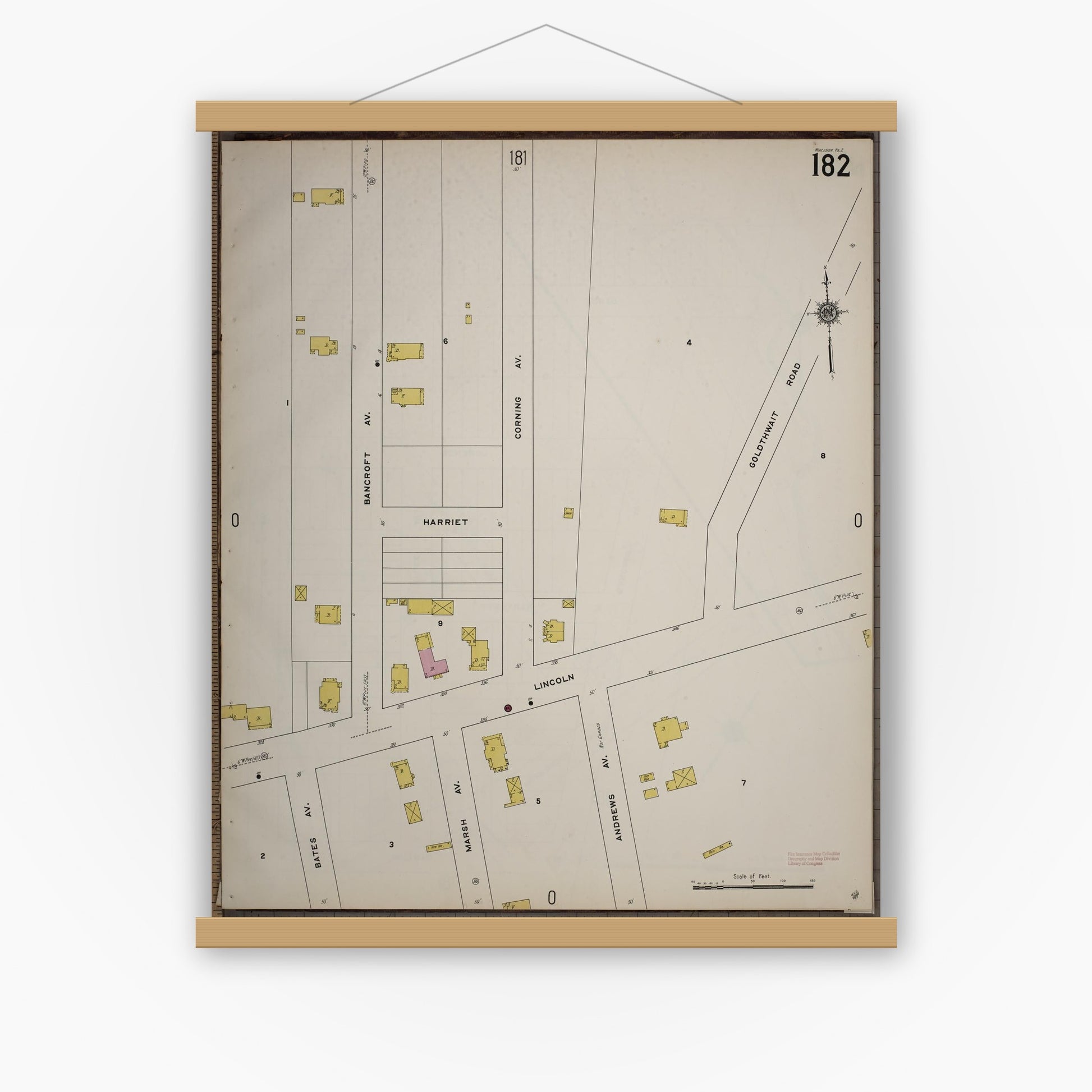 Old map wall art mockup — magnetic wood frame on white wall — Sanborn Fire Insurance Map from Worcester, Worcester County, Massachusetts (1910), Sheet #0182
