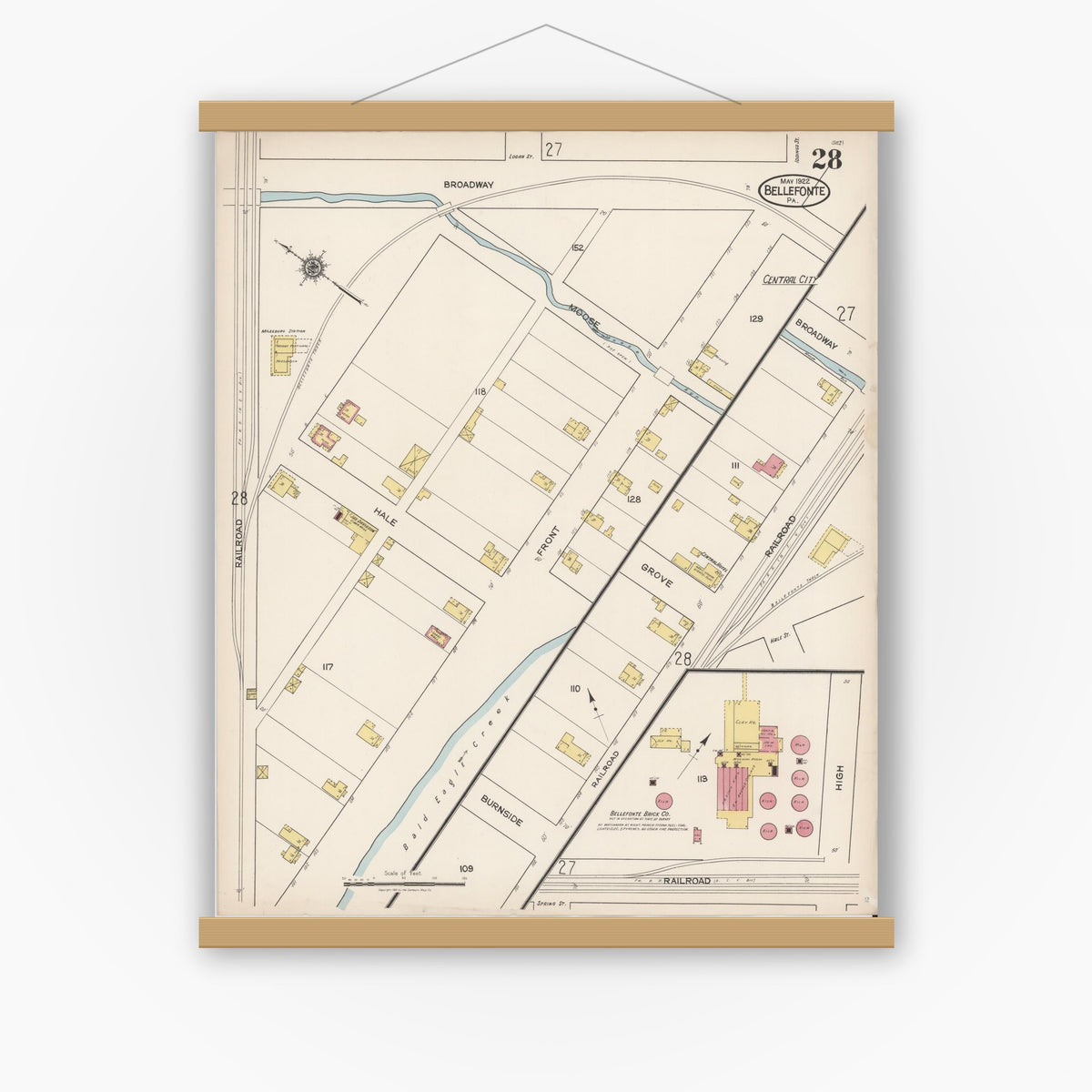 Old map wall art mockup — magnetic wood frame on white wall — Sanborn Fire Insurance Map from Bellefonte, Centre County, Pennsylvania (1922), Sheet #0028