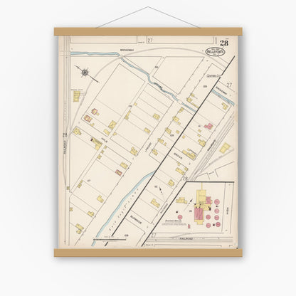 Old map wall art mockup — magnetic wood frame on white wall — Sanborn Fire Insurance Map from Bellefonte, Centre County, Pennsylvania (1922), Sheet #0028