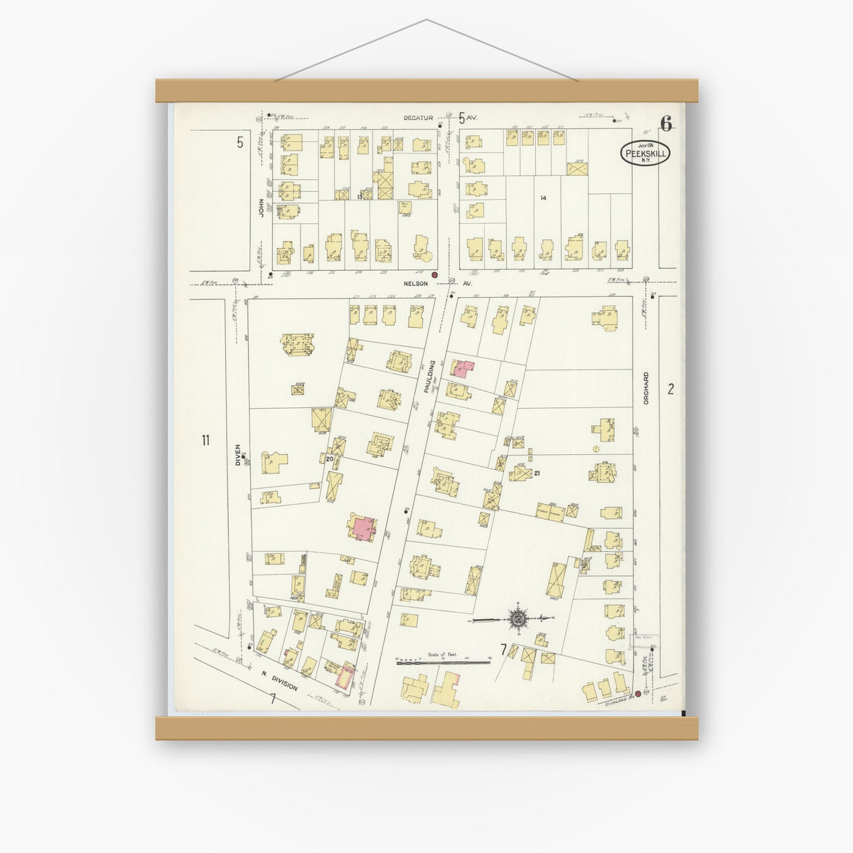 Old map wall art mockup — magnetic wood frame on white wall — Sanborn Fire Insurance Map from Peekskill, Westchester County, New York (1911), Sheet #0006