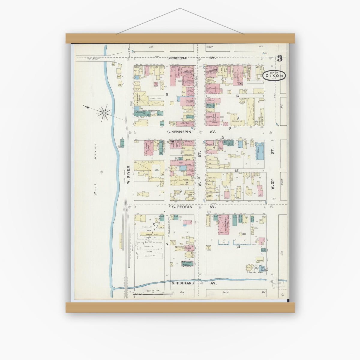 Old map wall art mockup — magnetic wood frame on white wall — Sanborn Fire Insurance Map from Dixon, Lee County, Illinois (1891), Sheet #0003