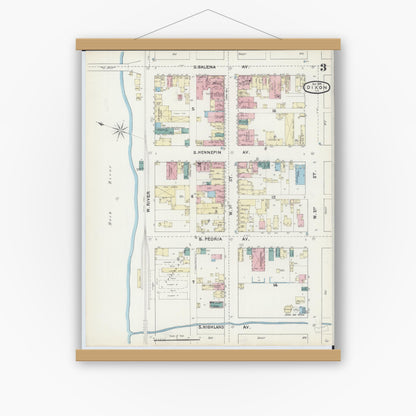 Old map wall art mockup — magnetic wood frame on white wall — Sanborn Fire Insurance Map from Dixon, Lee County, Illinois (1891), Sheet #0003