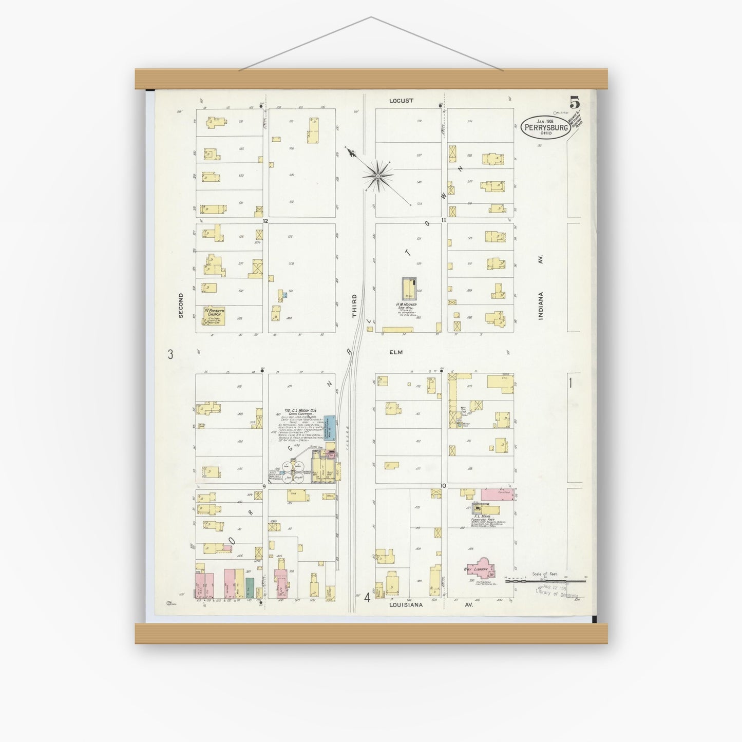 Old map wall art mockup — magnetic wood frame on white wall — Sanborn Fire Insurance Map from Perrysburg, Wood County, Ohio (1908), Sheet #0005