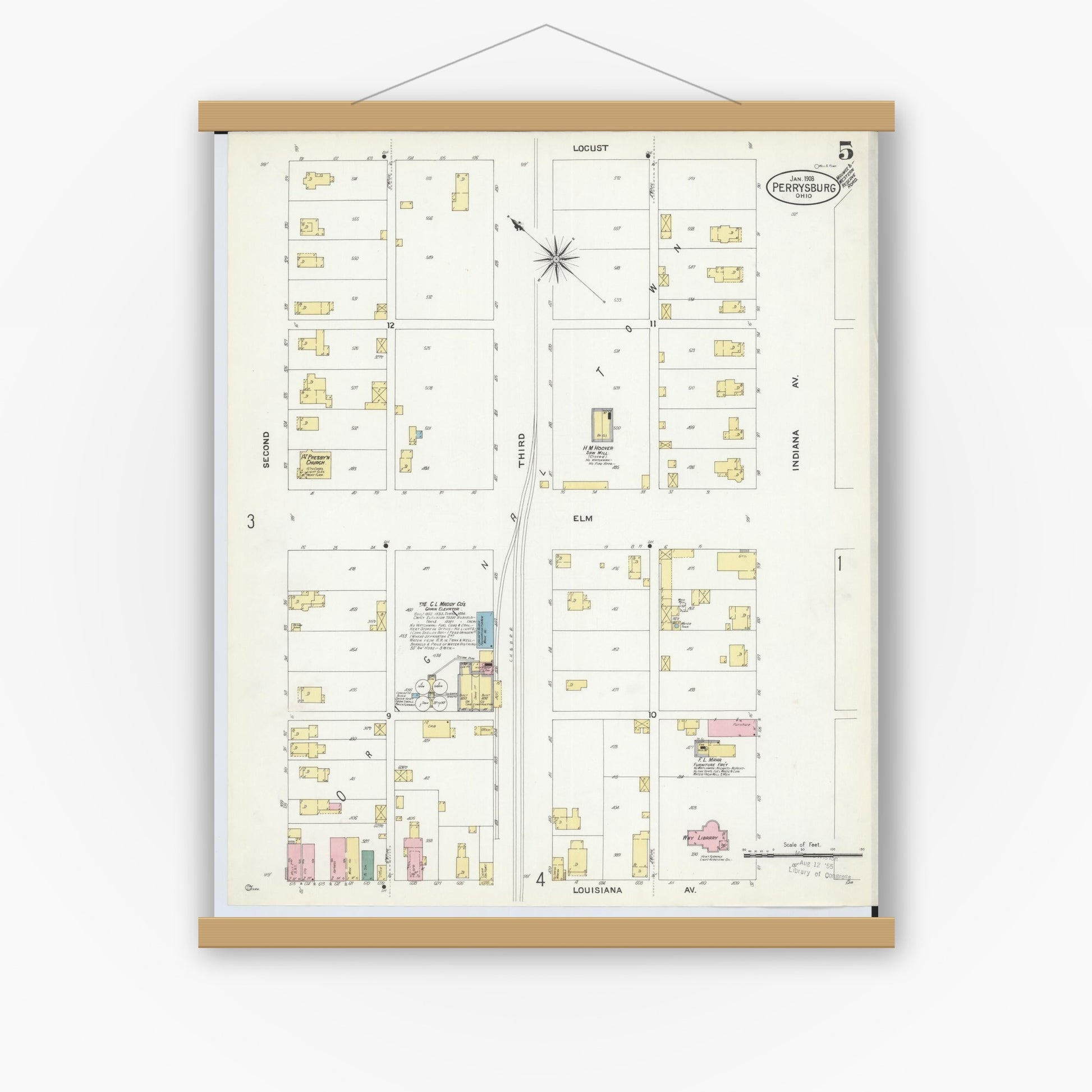 Old map wall art mockup — magnetic wood frame on white wall — Sanborn Fire Insurance Map from Perrysburg, Wood County, Ohio (1908), Sheet #0005