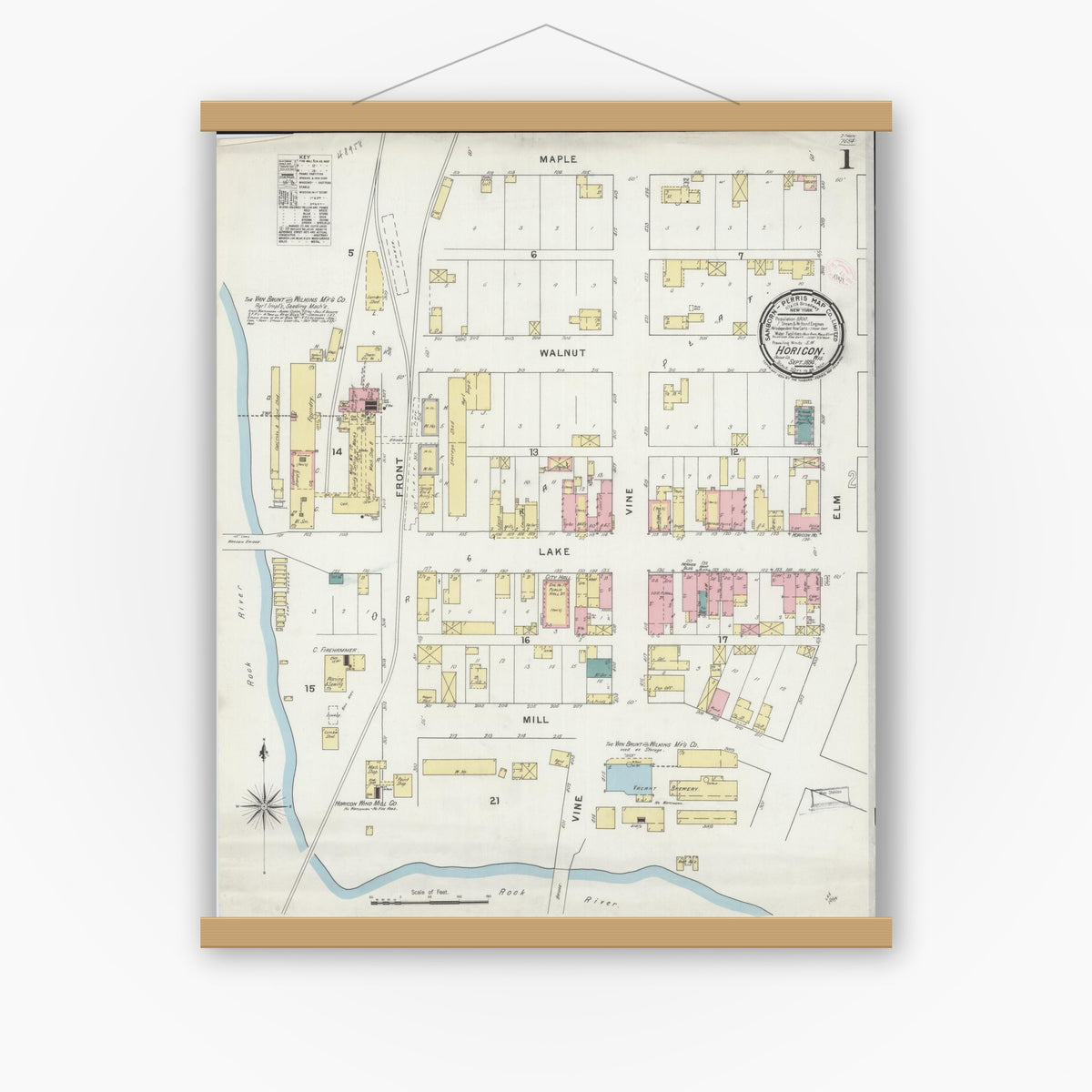 Old map wall art mockup — magnetic wood frame on white wall — Sanborn Fire Insurance Map from Horicon, Dodge County, Wisconsin (1894), Sheet #0001