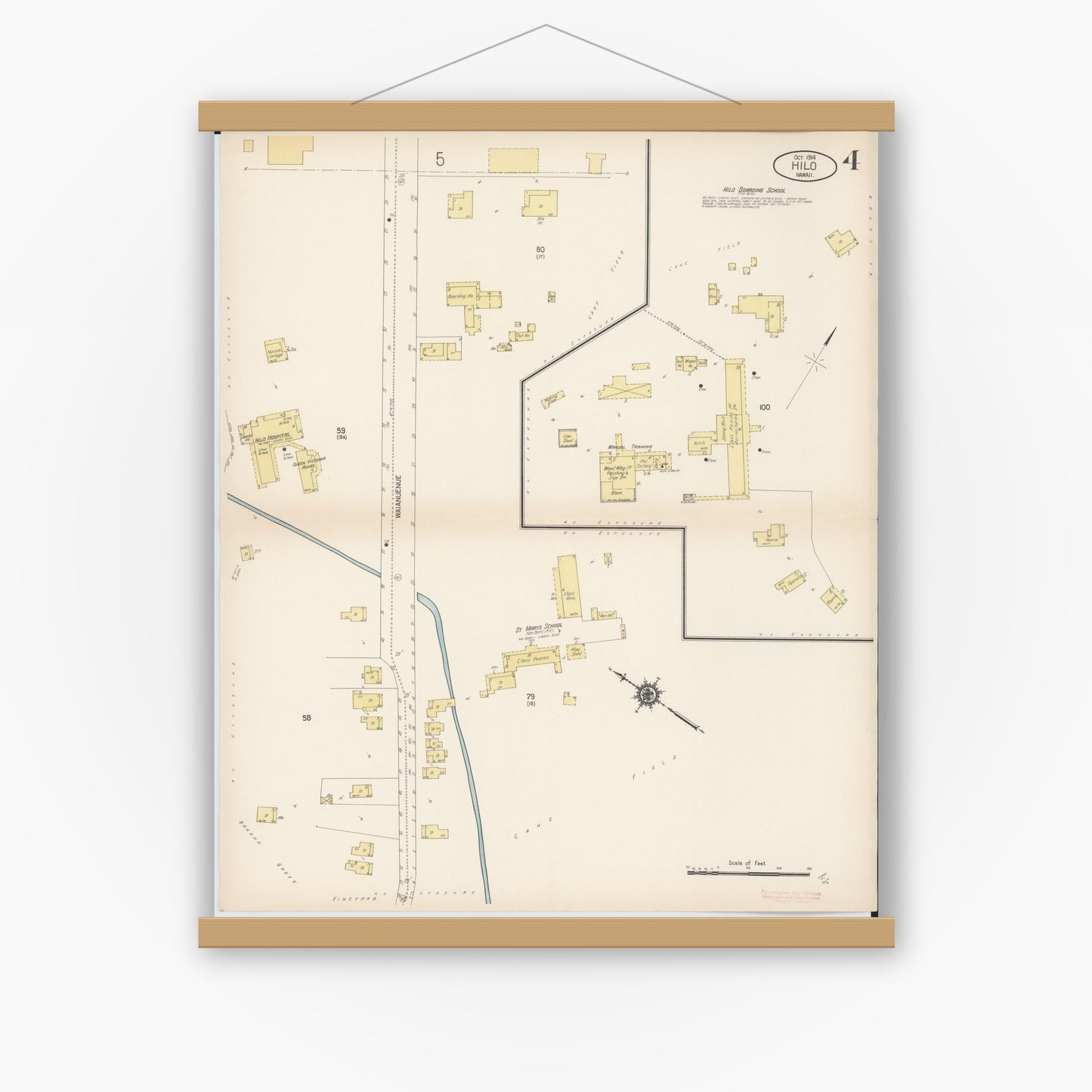 Old map wall art mockup — magnetic wood frame on white wall — Sanborn Fire Insurance Map from Hilo, Hawaii County, Hawaii (1914), Sheet #0004