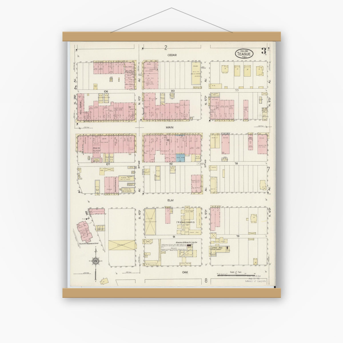 Old map wall art mockup — magnetic wood frame on white wall — Sanborn Fire Insurance Map from Teague, Freestone County, Texas (1914), Sheet #0003