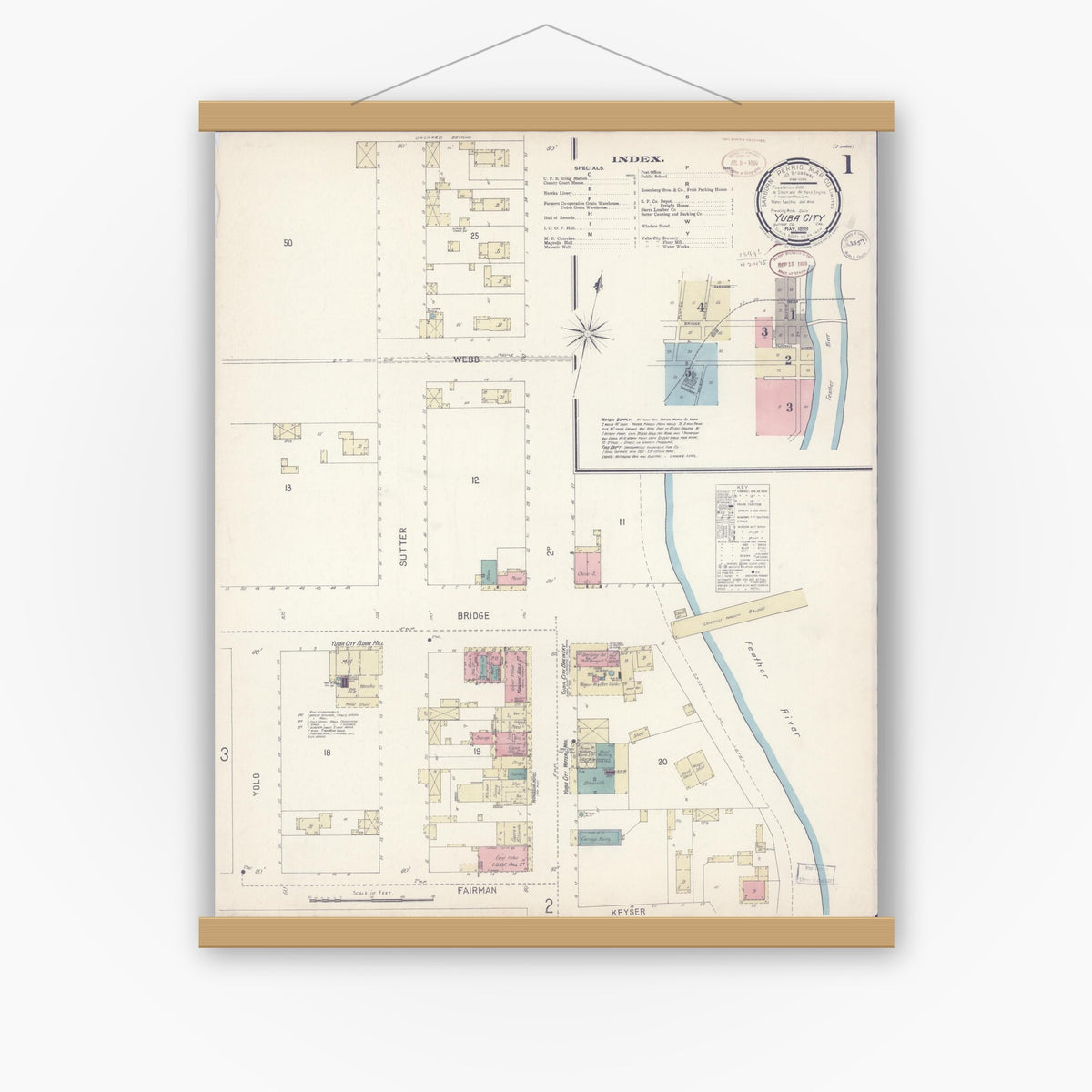Old map wall art mockup — magnetic wood frame on white wall — Sanborn Fire Insurance Map from Yuba City, Sutter County, California (1899) - Complete Map Set