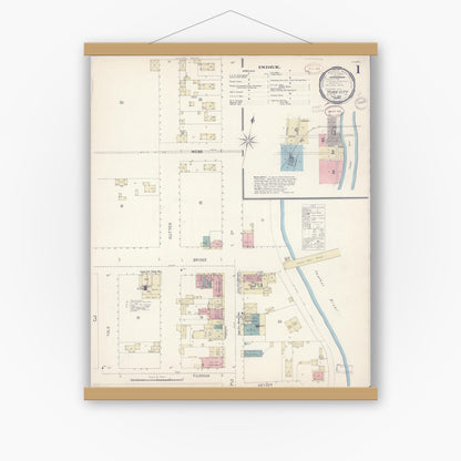 Old map wall art mockup — magnetic wood frame on white wall — Sanborn Fire Insurance Map from Yuba City, Sutter County, California (1899) - Complete Map Set