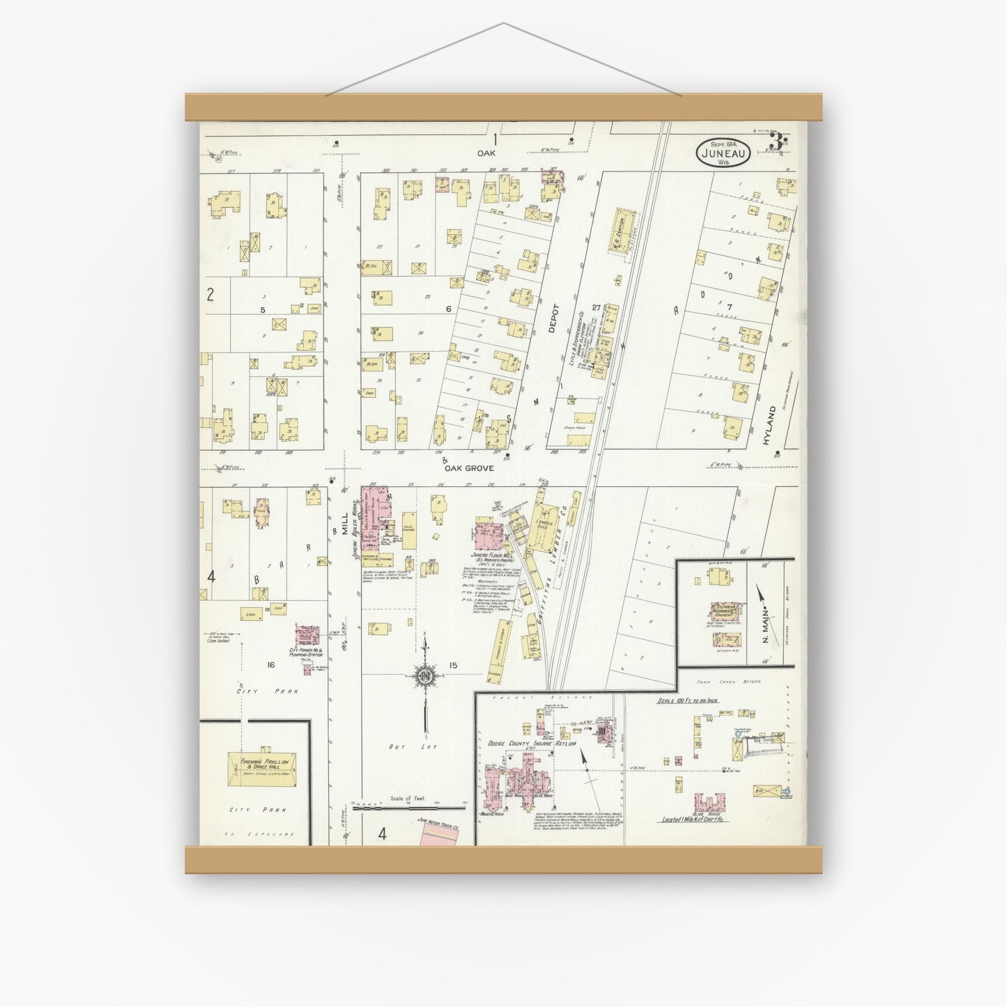 Old map wall art mockup — magnetic wood frame on white wall — Sanborn Fire Insurance Map from Juneau, Dodge County, Wisconsin (1914), Sheet #0003