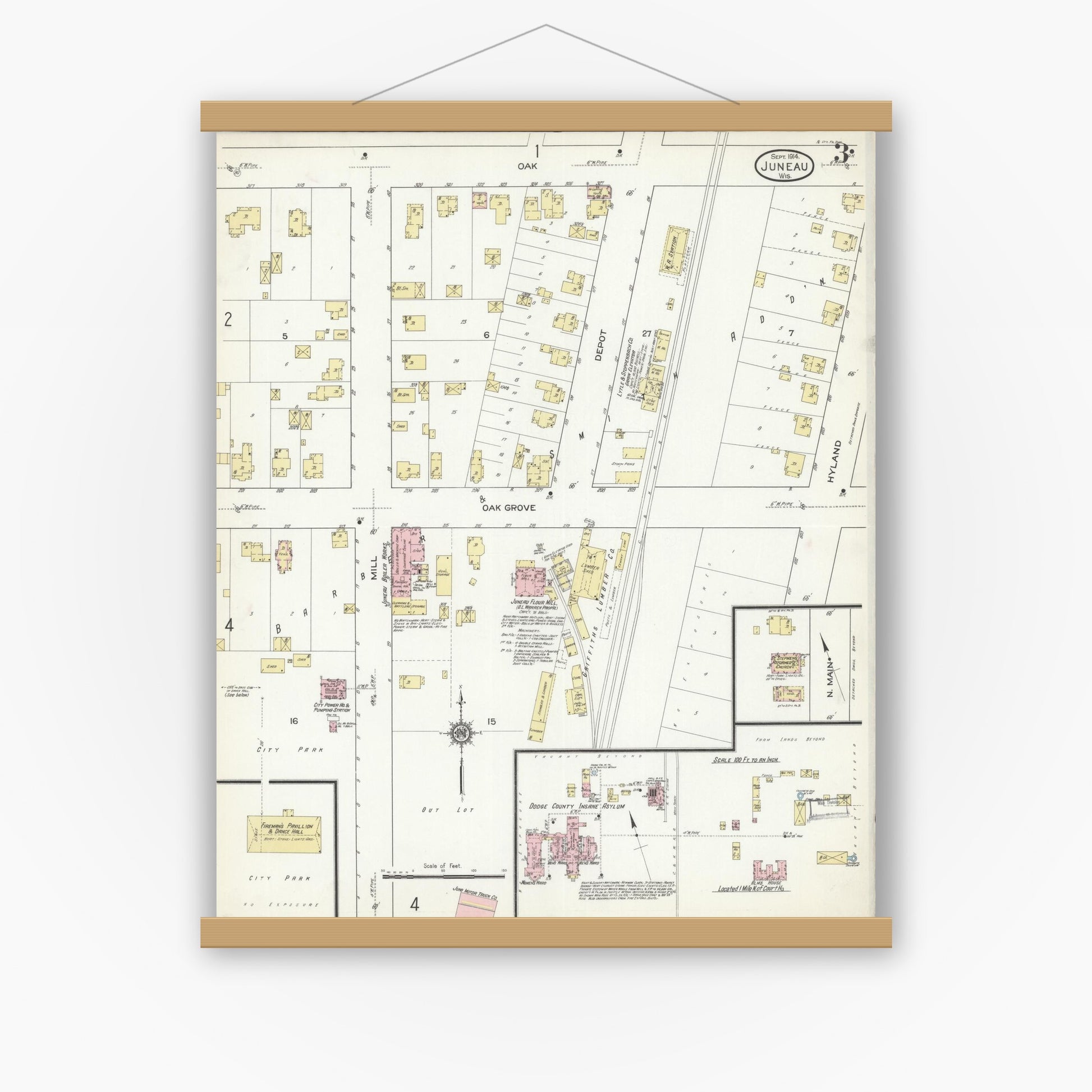 Old map wall art mockup — magnetic wood frame on white wall — Sanborn Fire Insurance Map from Juneau, Dodge County, Wisconsin (1914), Sheet #0003