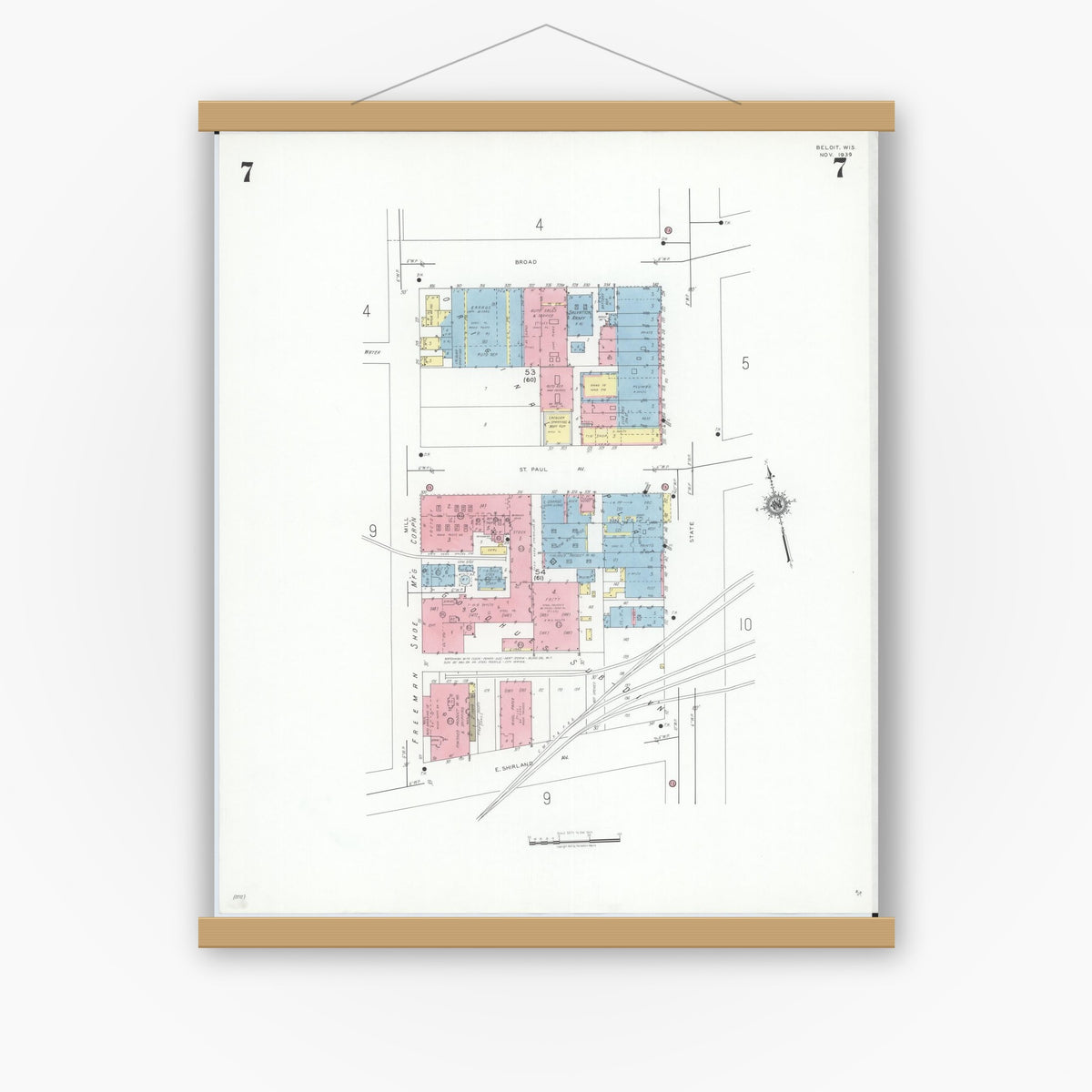 Old map wall art mockup — magnetic wood frame on white wall — Sanborn Fire Insurance Map from Beloit, Rock County, Wisconsin (1939), Sheet #0007