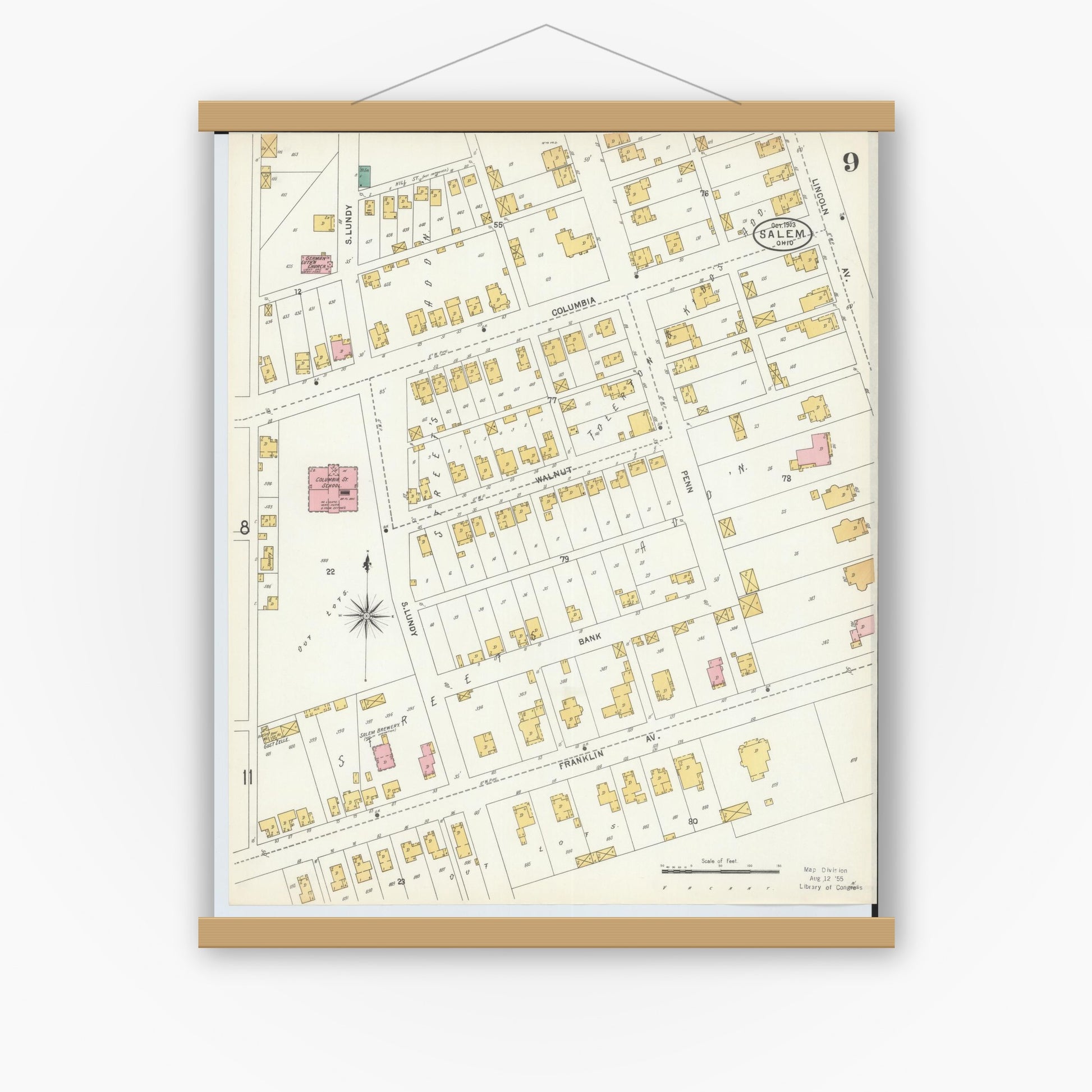 Old map wall art mockup — magnetic wood frame on white wall — Sanborn Fire Insurance Map from Salem, Columbiana County, Ohio (1903), Sheet #0009