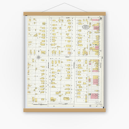 Old map wall art mockup — magnetic wood frame on white wall — Sanborn Fire Insurance Map from Lorain, Lorain County, Ohio (1900), Sheet #0009