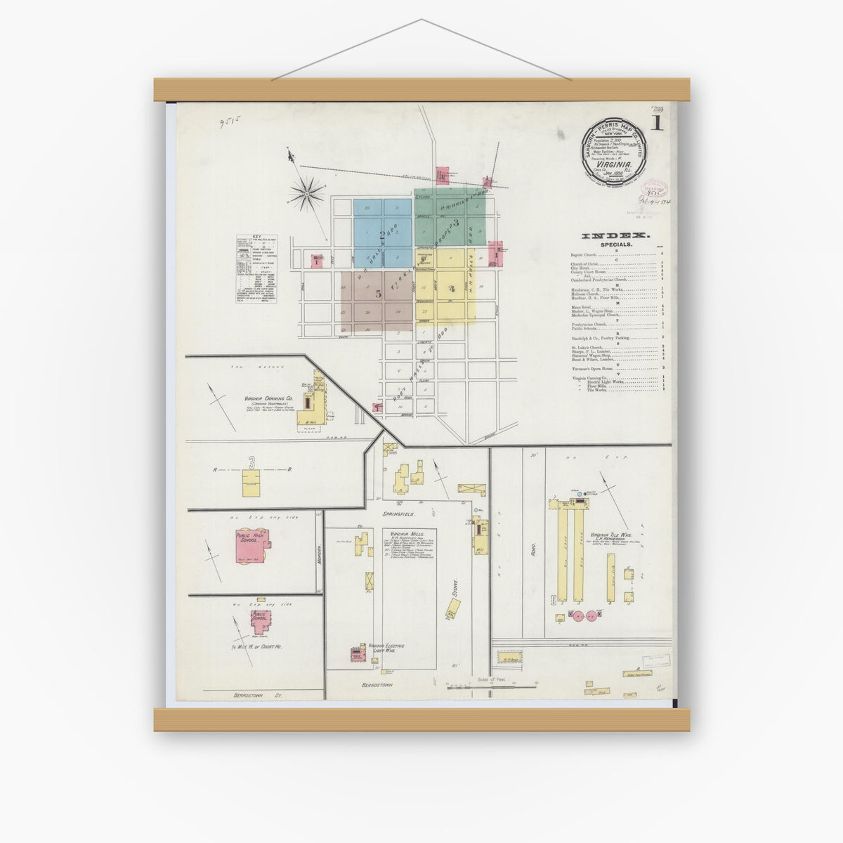 Old map wall art mockup — magnetic wood frame on white wall — Sanborn Fire Insurance Map from Virginia, Cass County, Illinois (1894), Sheet #0001