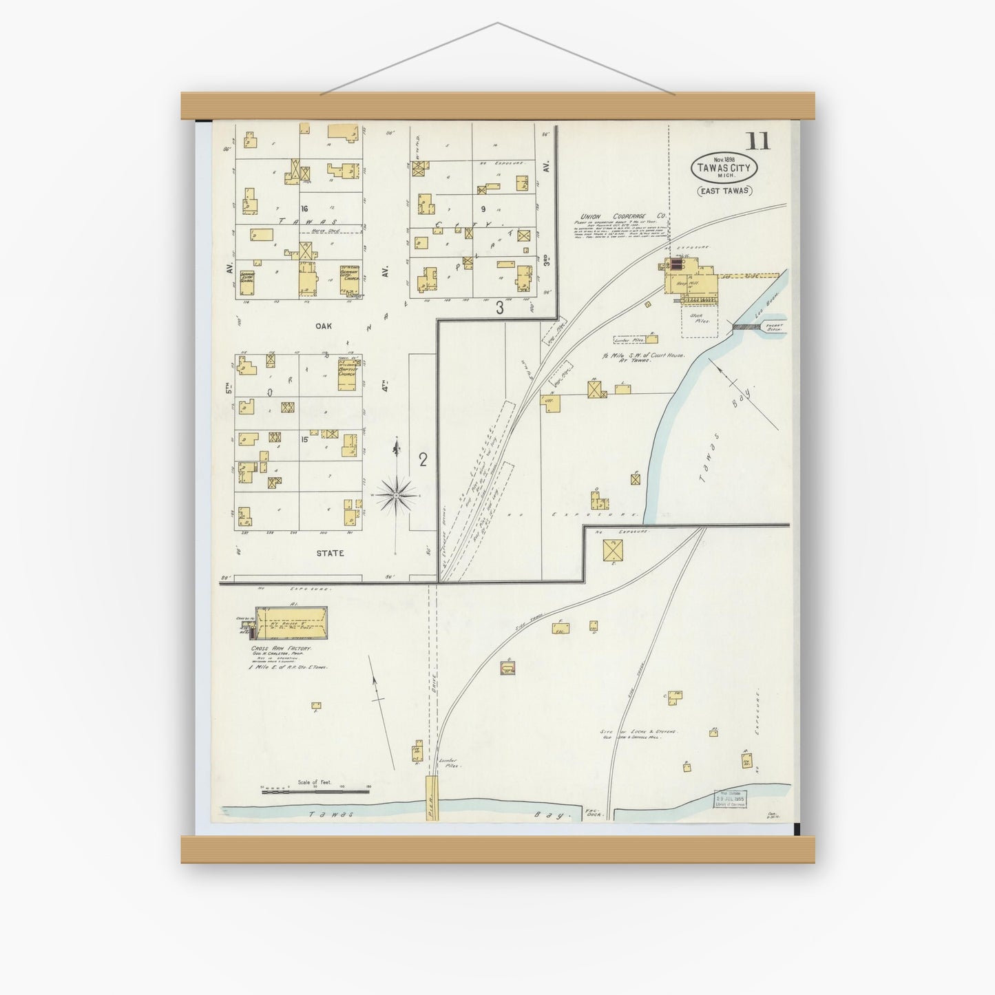Old map wall art mockup — magnetic wood frame on white wall — Sanborn Fire Insurance Map from East Tawas, Iosco County, Michigan (1898), Sheet #0011