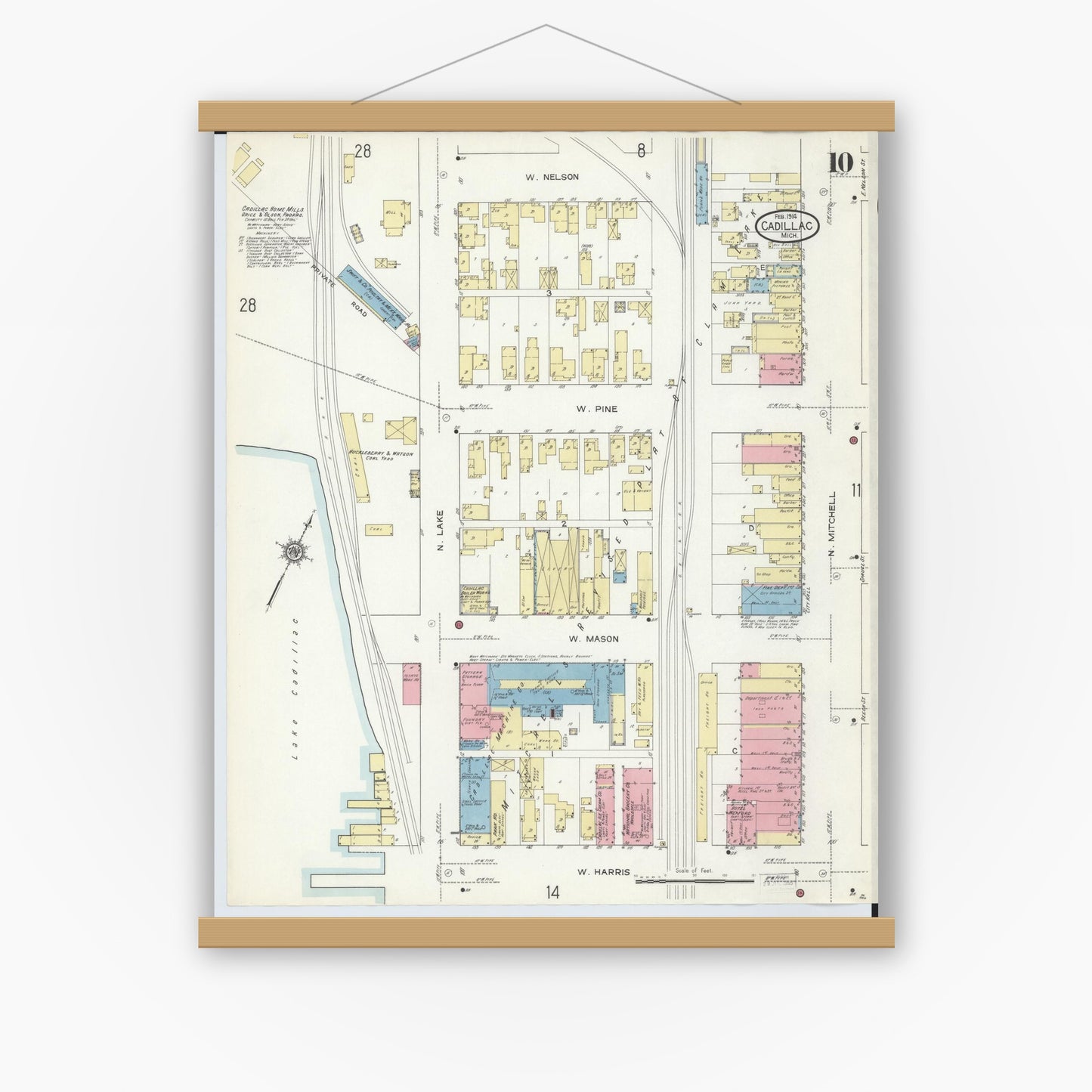 Old map wall art mockup — magnetic wood frame on white wall — Sanborn Fire Insurance Map from Cadillac, Wexford County, Michigan (1914), Sheet #0010