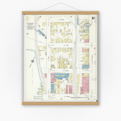 Old map wall art mockup — magnetic wood frame on white wall — Sanborn Fire Insurance Map from Cadillac, Wexford County, Michigan (1914), Sheet #0010