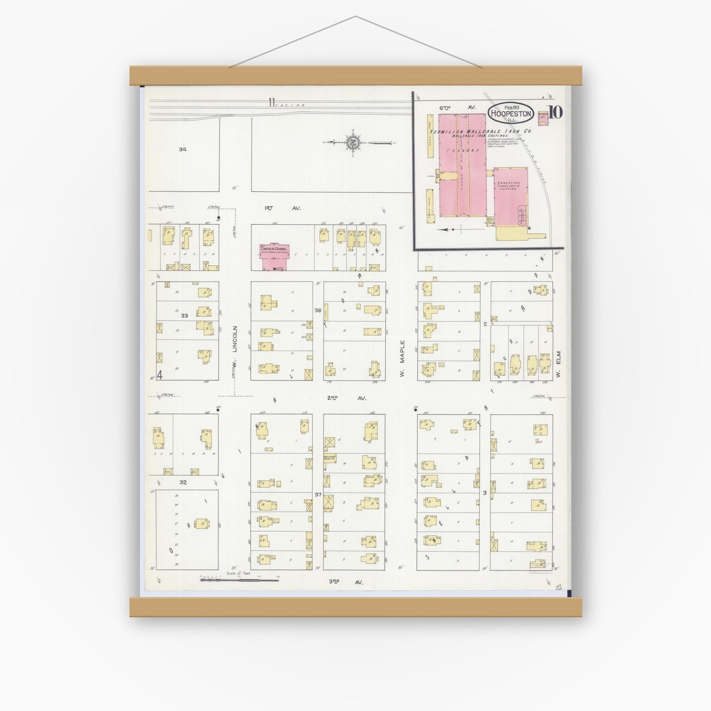 Old map wall art mockup — magnetic wood frame on white wall — Sanborn Fire Insurance Map from Hoopeston, Vermilion County, Illinois (1913), Sheet #0010