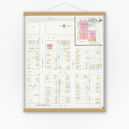 Old map wall art mockup — magnetic wood frame on white wall — Sanborn Fire Insurance Map from Hoopeston, Vermilion County, Illinois (1913), Sheet #0010
