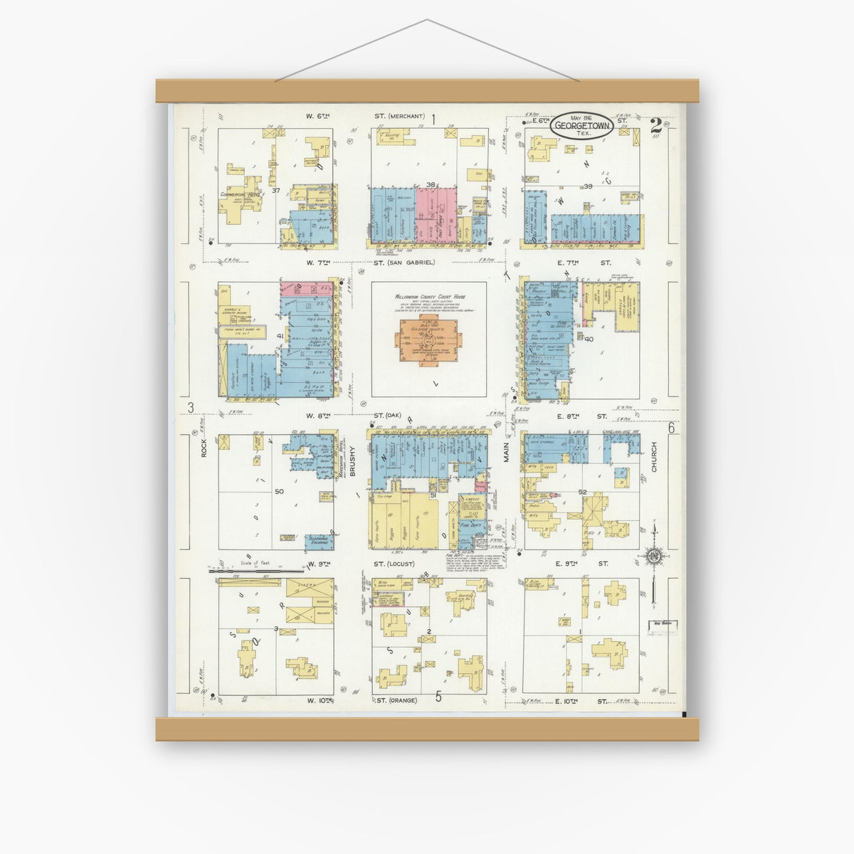 Old map wall art mockup — magnetic wood frame on white wall — Sanborn Fire Insurance Map from Georgetown, Williamson County, Texas (1916), Sheet #0002