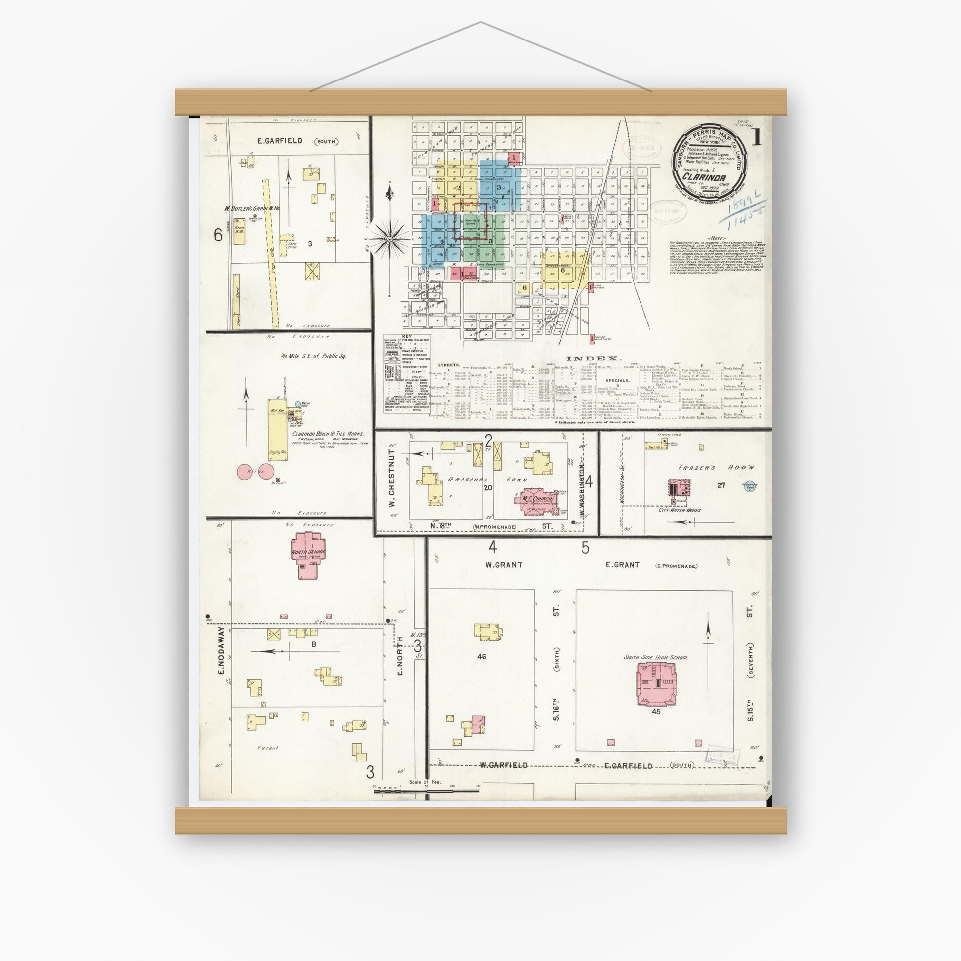 Old map wall art mockup — magnetic wood frame on white wall — Sanborn Fire Insurance Map from Clarinda, Page County, Iowa (1898), Sheet #0001