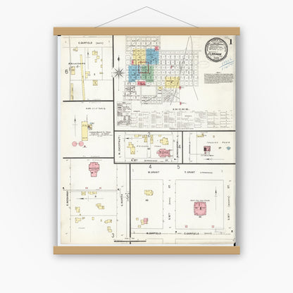 Old map wall art mockup — magnetic wood frame on white wall — Sanborn Fire Insurance Map from Clarinda, Page County, Iowa (1898), Sheet #0001