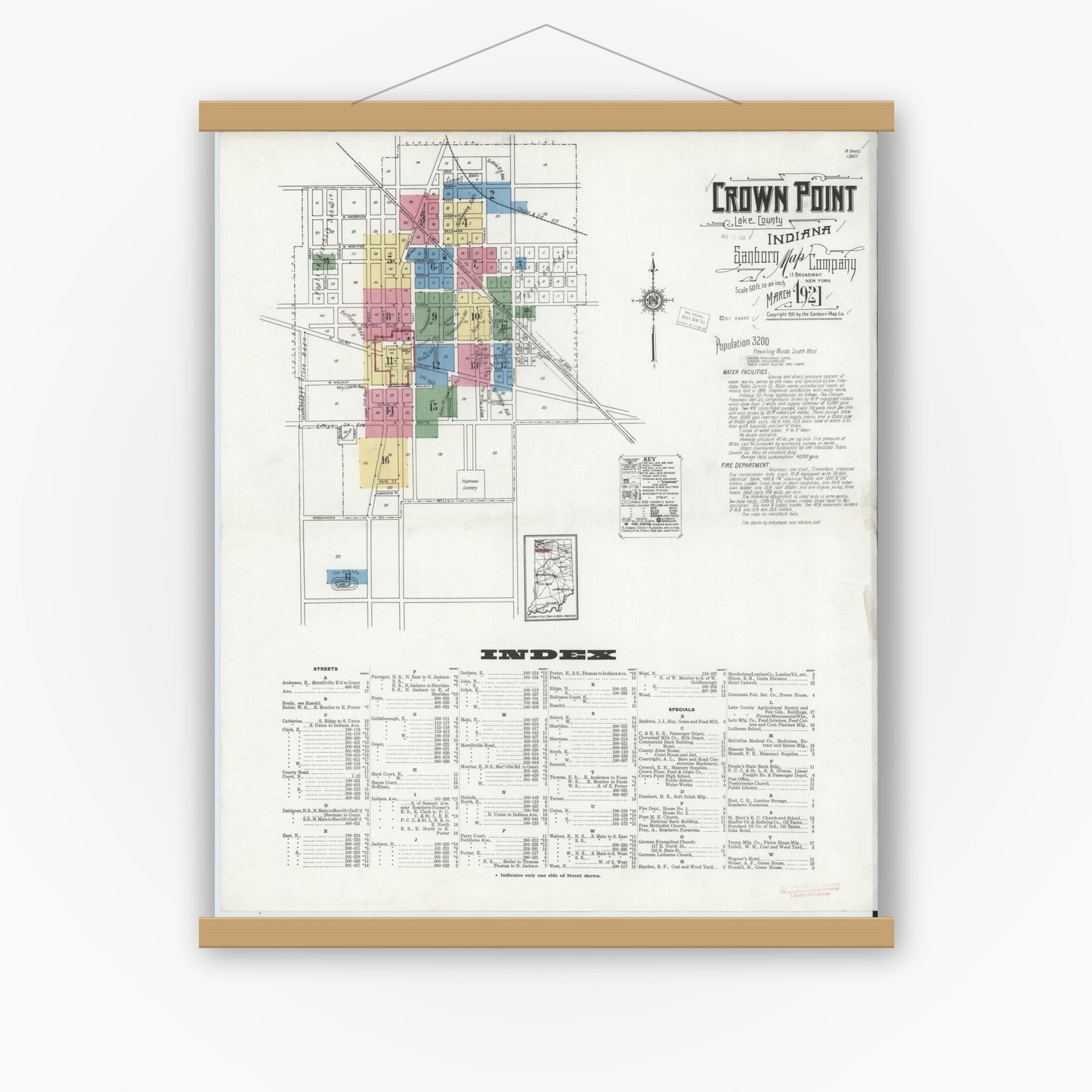 Old map wall art mockup — magnetic wood frame on white wall — Sanborn Fire Insurance Map from Crown Point, Lake County, Indiana (1921), Sheet #0001