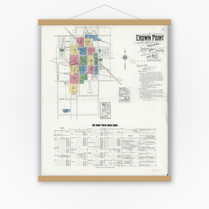 Old map wall art mockup — magnetic wood frame on white wall — Sanborn Fire Insurance Map from Crown Point, Lake County, Indiana (1921), Sheet #0001