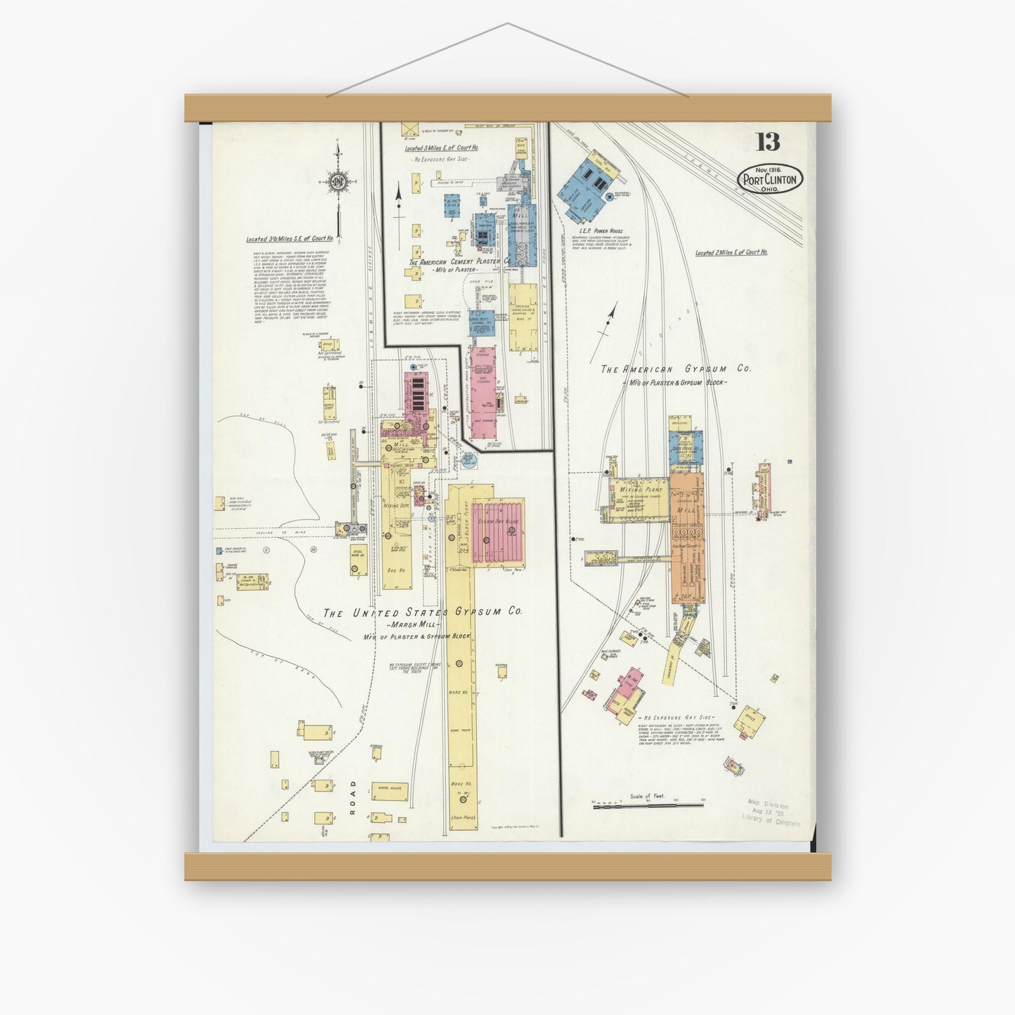 Old map wall art mockup — magnetic wood frame on white wall — Sanborn Fire Insurance Map from Port Clinton, Ottawa County, Ohio (1916), Sheet #0013