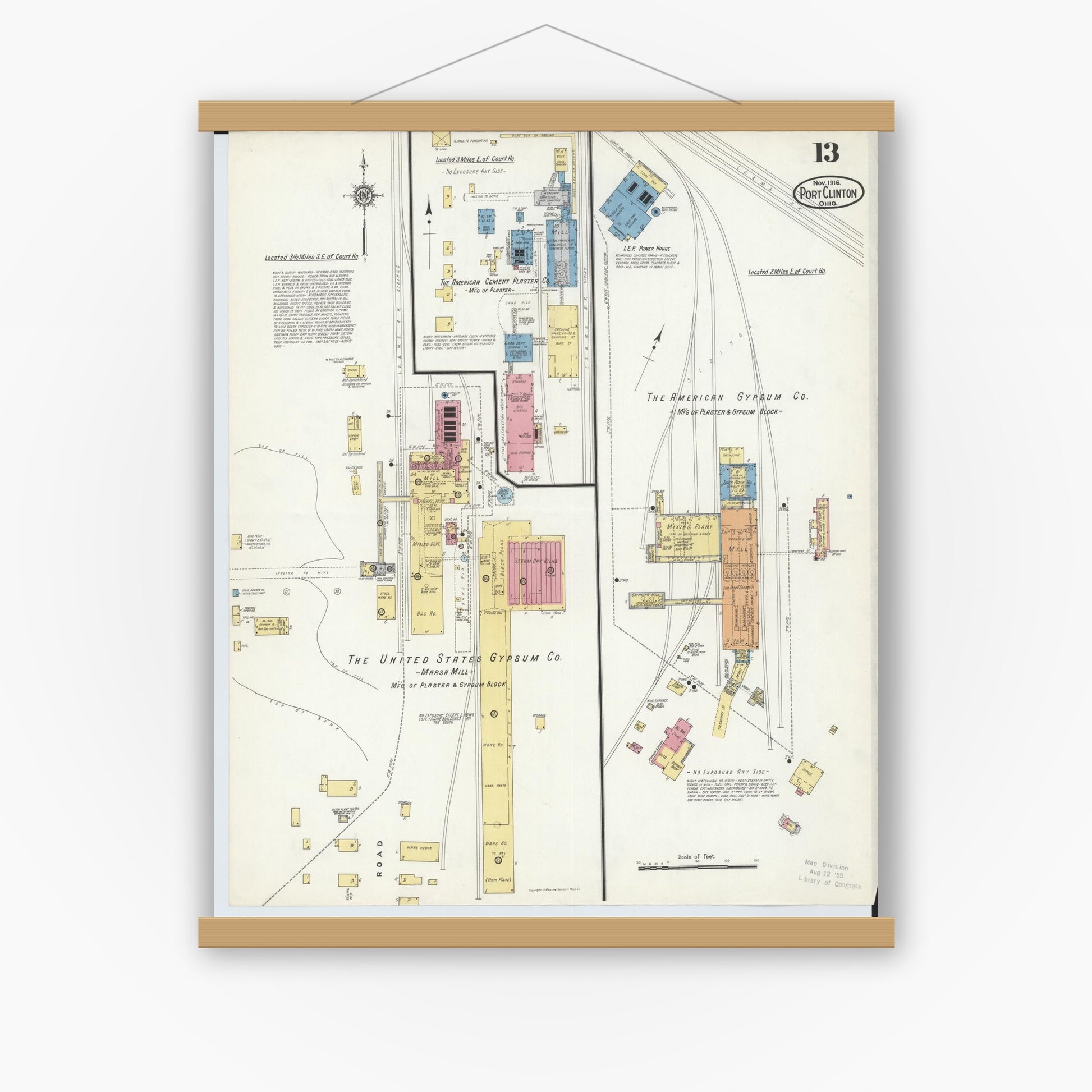 Old map wall art mockup — magnetic wood frame on white wall — Sanborn Fire Insurance Map from Port Clinton, Ottawa County, Ohio (1916), Sheet #0013