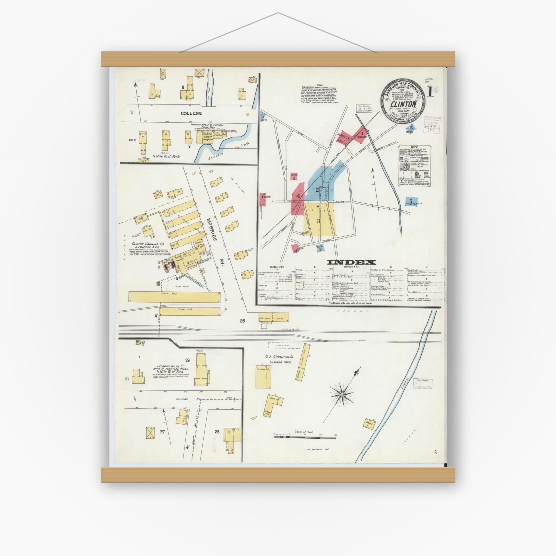 Old map wall art mockup — magnetic wood frame on white wall — Sanborn Fire Insurance Map from Clinton, Oneida County, New York (1904), Sheet #0001