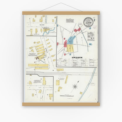 Old map wall art mockup — magnetic wood frame on white wall — Sanborn Fire Insurance Map from Clinton, Oneida County, New York (1904), Sheet #0001