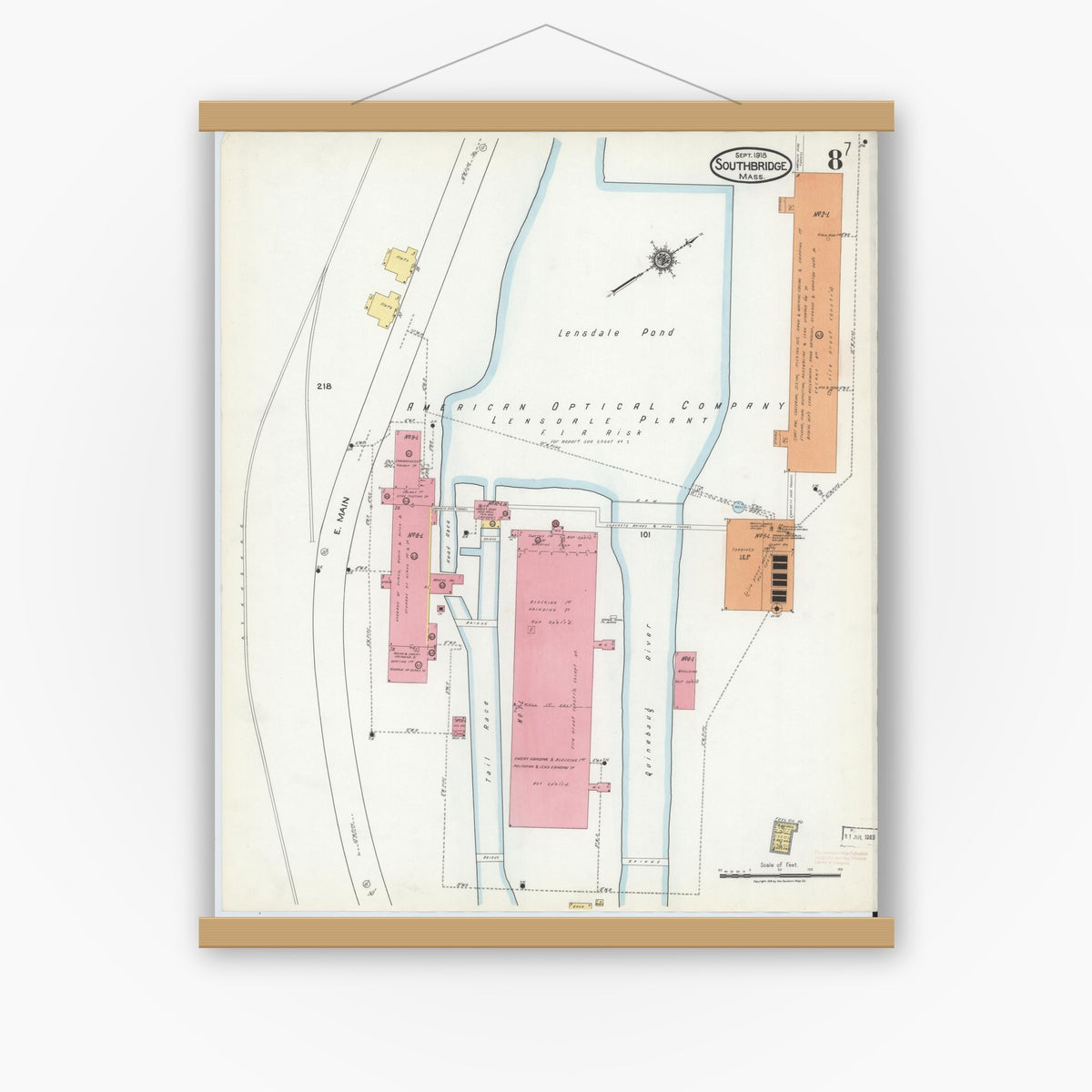 Old map wall art mockup — magnetic wood frame on white wall — Sanborn Fire Insurance Map from Southbridge, Worcester County, Massachusetts (1918), Sheet #0008
