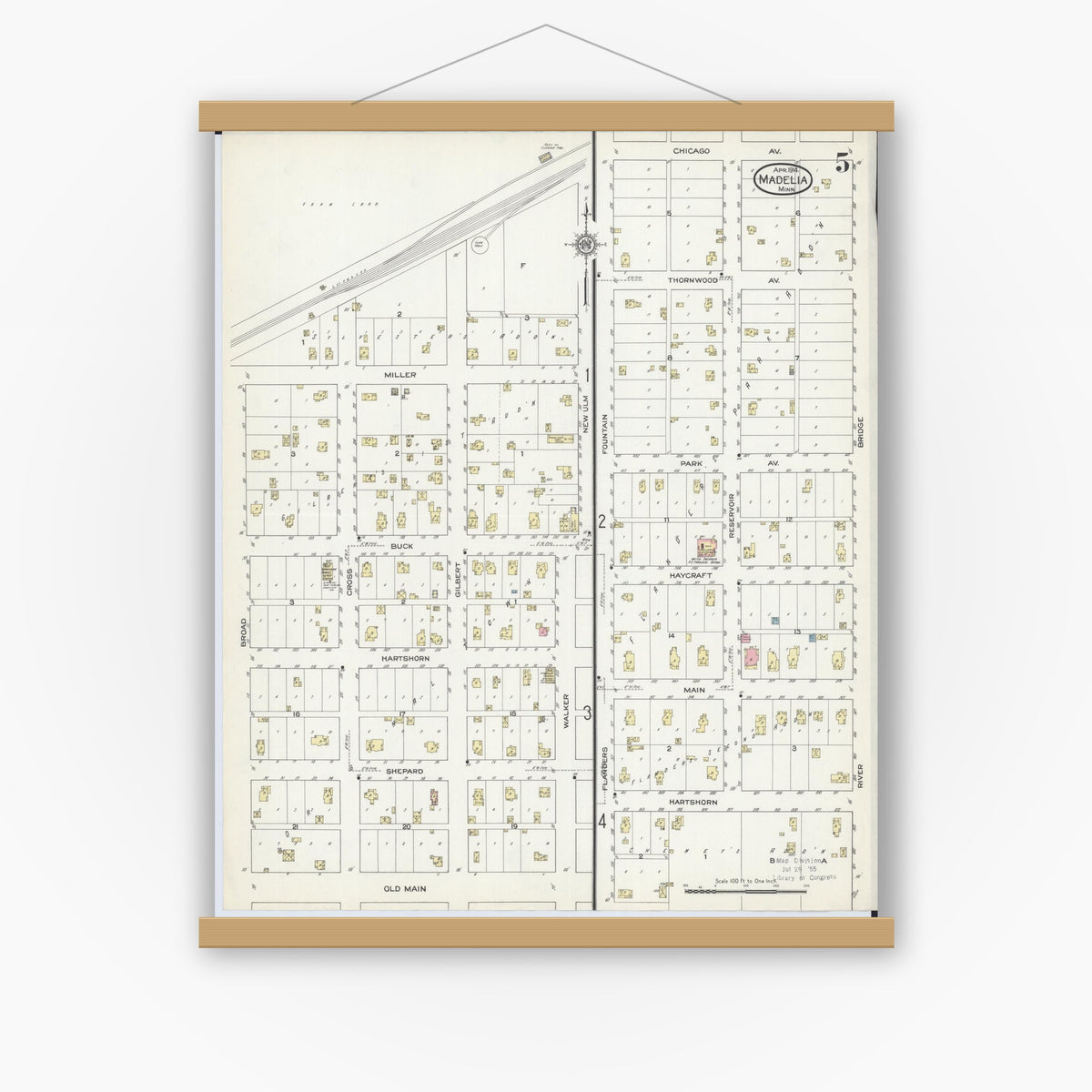 Old map wall art mockup — magnetic wood frame on white wall — Sanborn Fire Insurance Map from Madelia, Watonwan County, Minnesota (1914), Sheet #0005