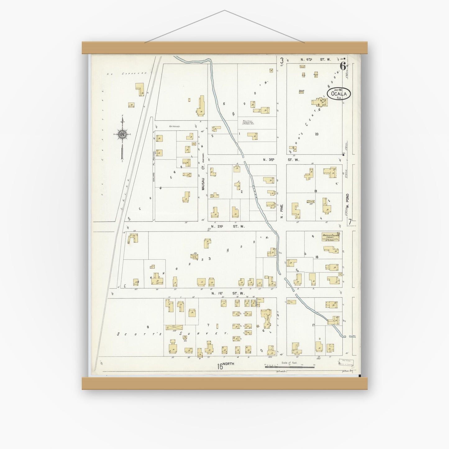Old map wall art mockup — magnetic wood frame on white wall — Sanborn Fire Insurance Map from Ocala, Marion County, Florida (1912), Sheet #0006